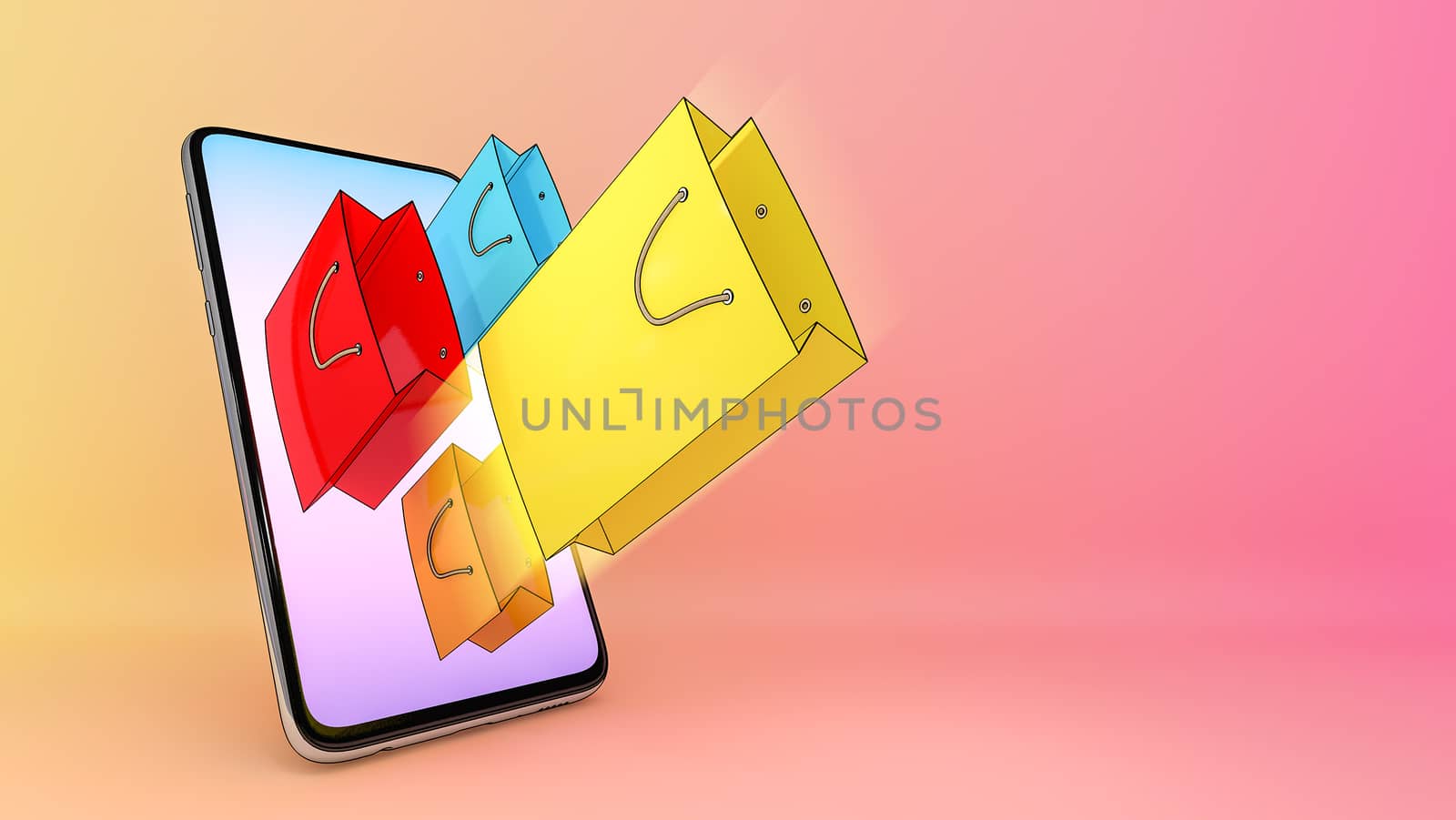 shopping bag of ejected from a mobile phone.,Online mobile application order transportation service and Shopping online and Delivery concept.,3D rendering. by anotestocker