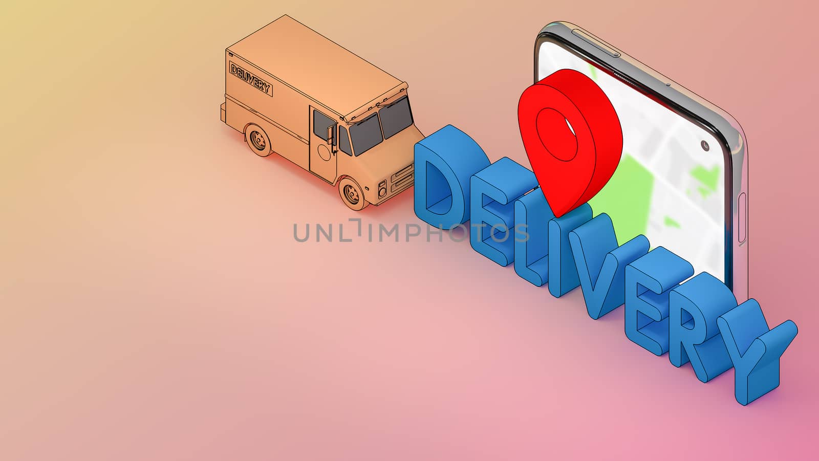 Mobile phone and truck van with Delivery font and red pin pointers.,Online mobile application order transportation service and Shopping online and Delivery concept.,3D rendering. by anotestocker