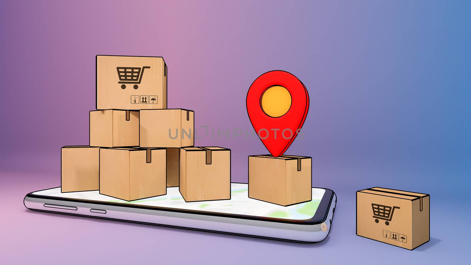 Mobile phone with many paper box and red pin pointers.,Online mobile application order transportation service and Shopping online and Delivery concept.,3D rendering.