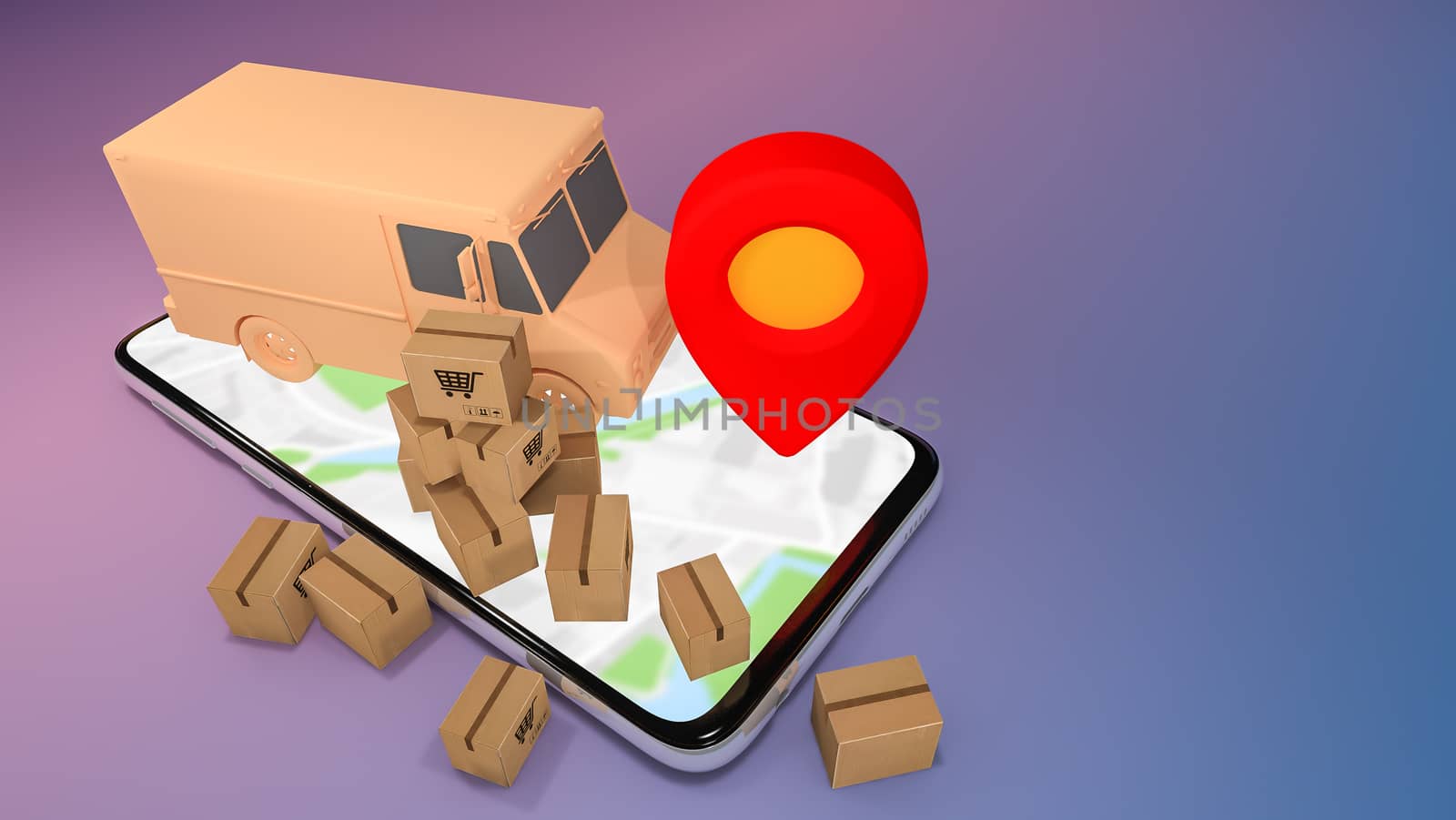 Mobile phone and truck van with many paper box and red pin pointers.,Online mobile application order transportation service and Shopping online and Delivery concept.,3D rendering. by anotestocker