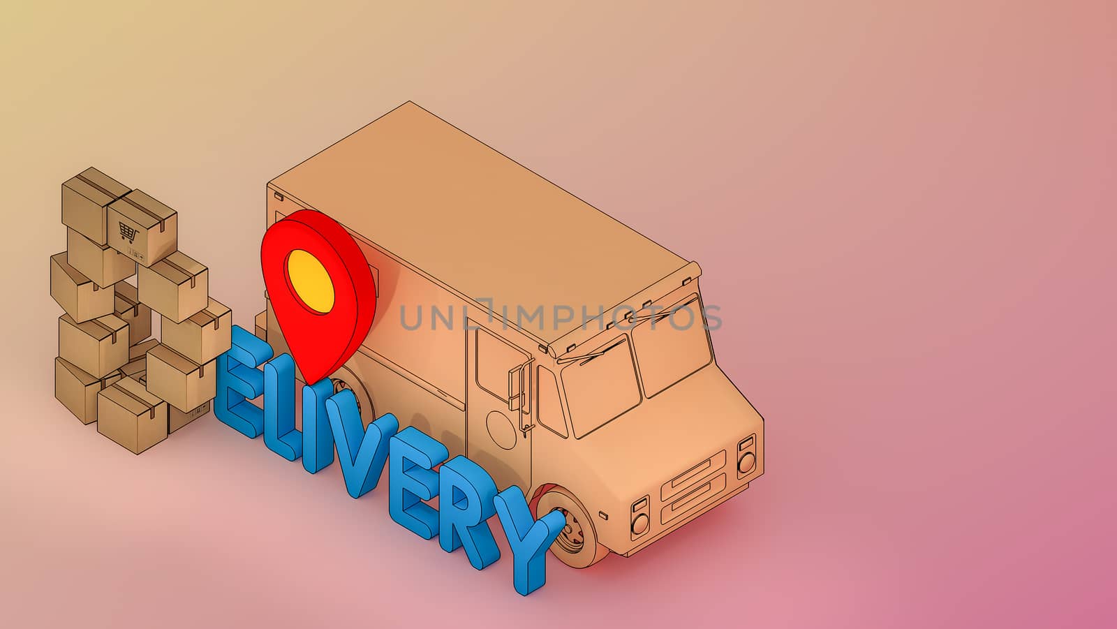 The parcel box is arranged in a D shape with delivery font and red pin pointers., shopping online and delivery concept.,3D rendering. by anotestocker