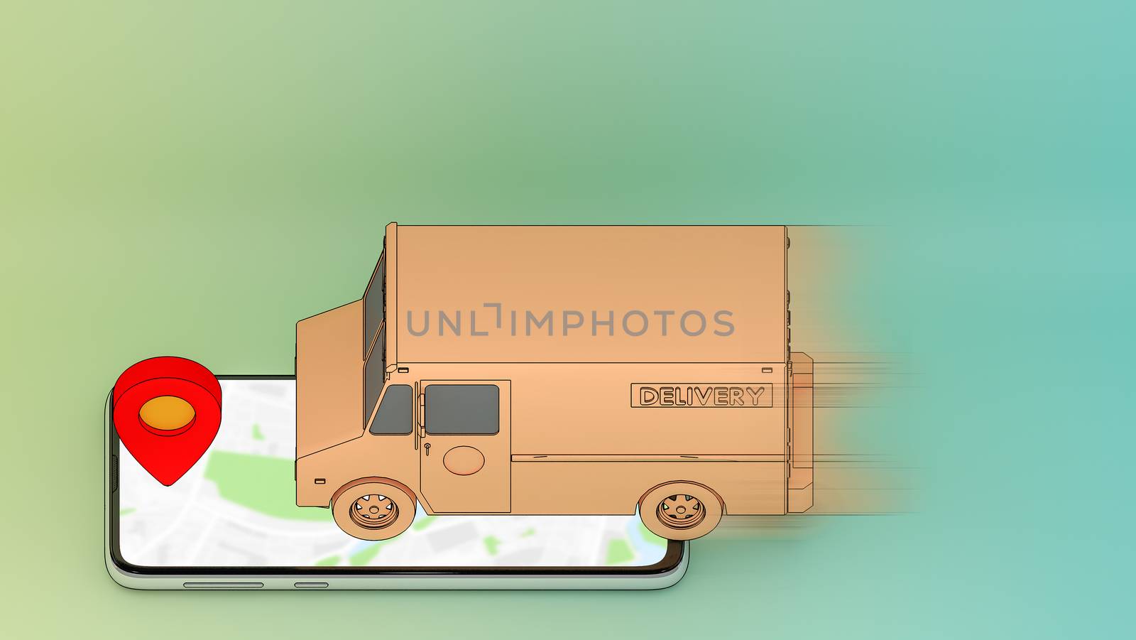 Moving Truck van on mobile phone with red pinpoint.,Online mobile application order transportation service and Shopping online and Delivery concept.,3D rendering. by anotestocker
