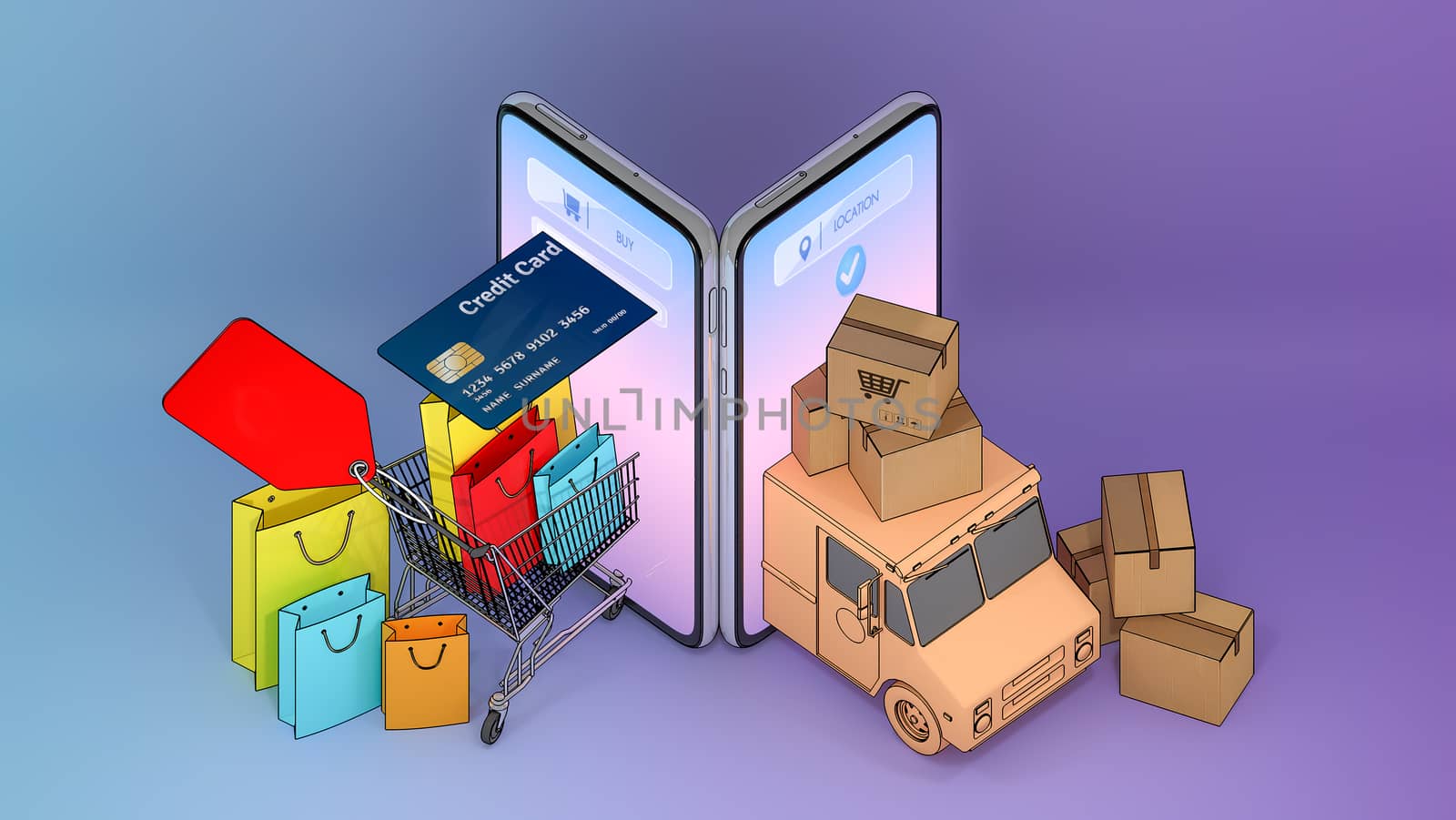 Colourful paper shopping bags and credit card in a cart with Truck van appeared from smartphones screen.,Online mobile application order transportation service and Shopping online and Delivery concept.,3D rendering. by anotestocker