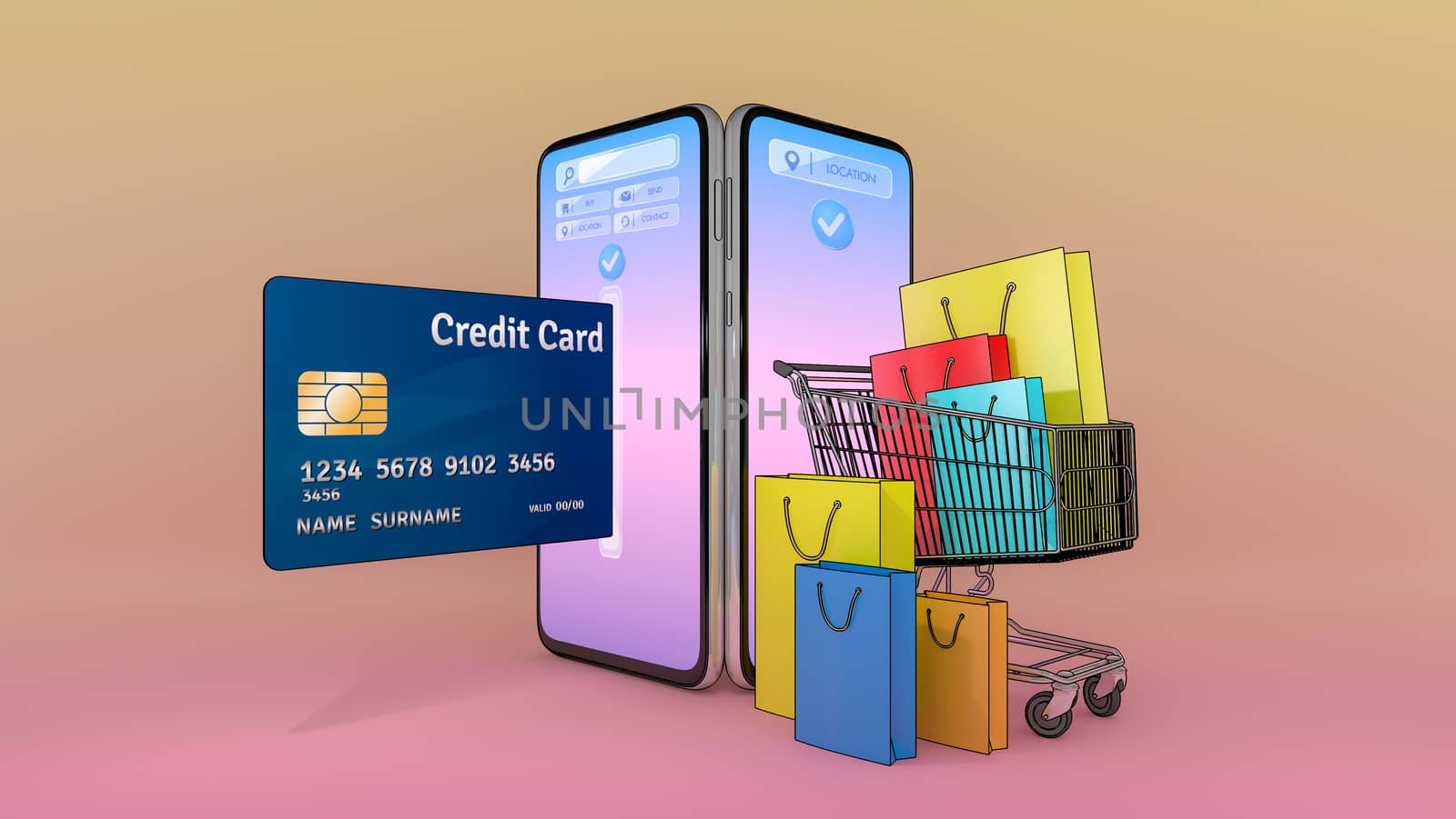 Many Shopping bag and price tag and credit card in a shopping cart appeared from smartphones screen., shopping online or shopaholic concept.,3d illustration with object clipping path.