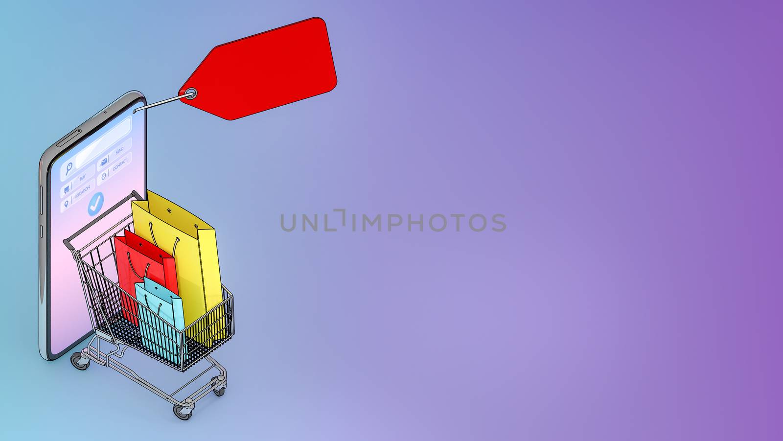 Many Shopping bag and price tag and credit card in a shopping cart appeared from smartphones screen., shopping online or shopaholic concept, 3D rendering.
