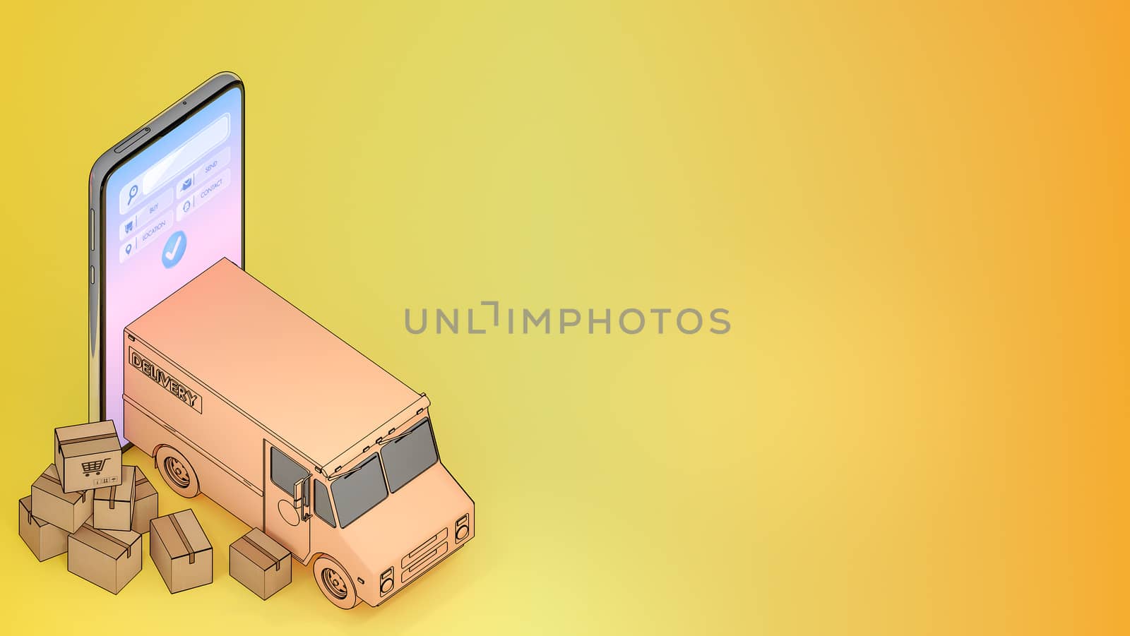 Truck van of ejected from a mobile phone with many parcel box.,Online mobile application order transportation service and Shopping online and Delivery concept.,3D rendering. by anotestocker