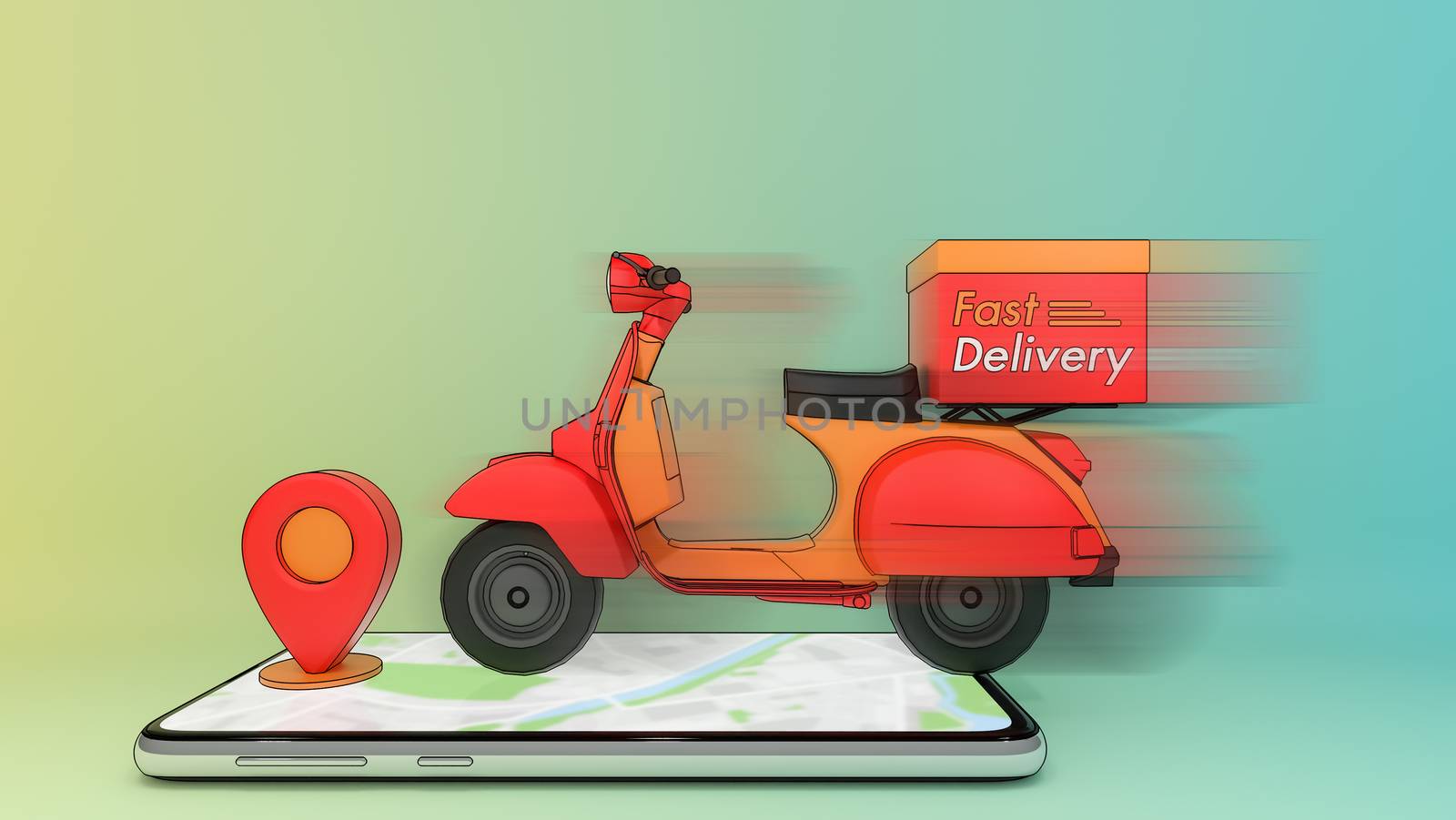 Moving scooter on mobile phone with red pinpoint.,Concept of fast delivery service and Shopping online.,3d illustration with object clipping path.