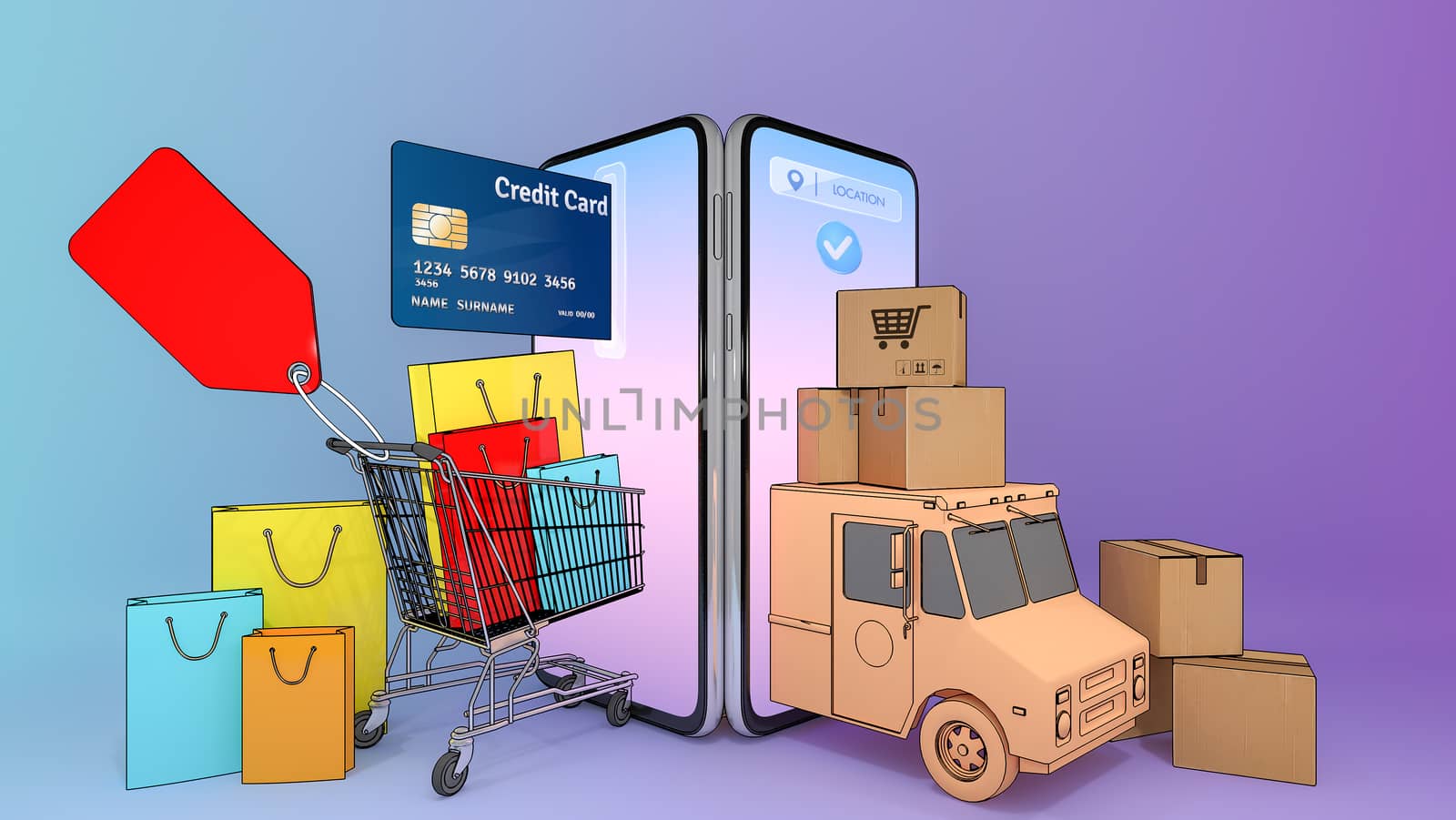 Colourful paper shopping bags and credit card in a cart with Truck van appeared from smartphones screen.,Online mobile application order transportation service and Shopping online and Delivery concept.,3D rendering. by anotestocker