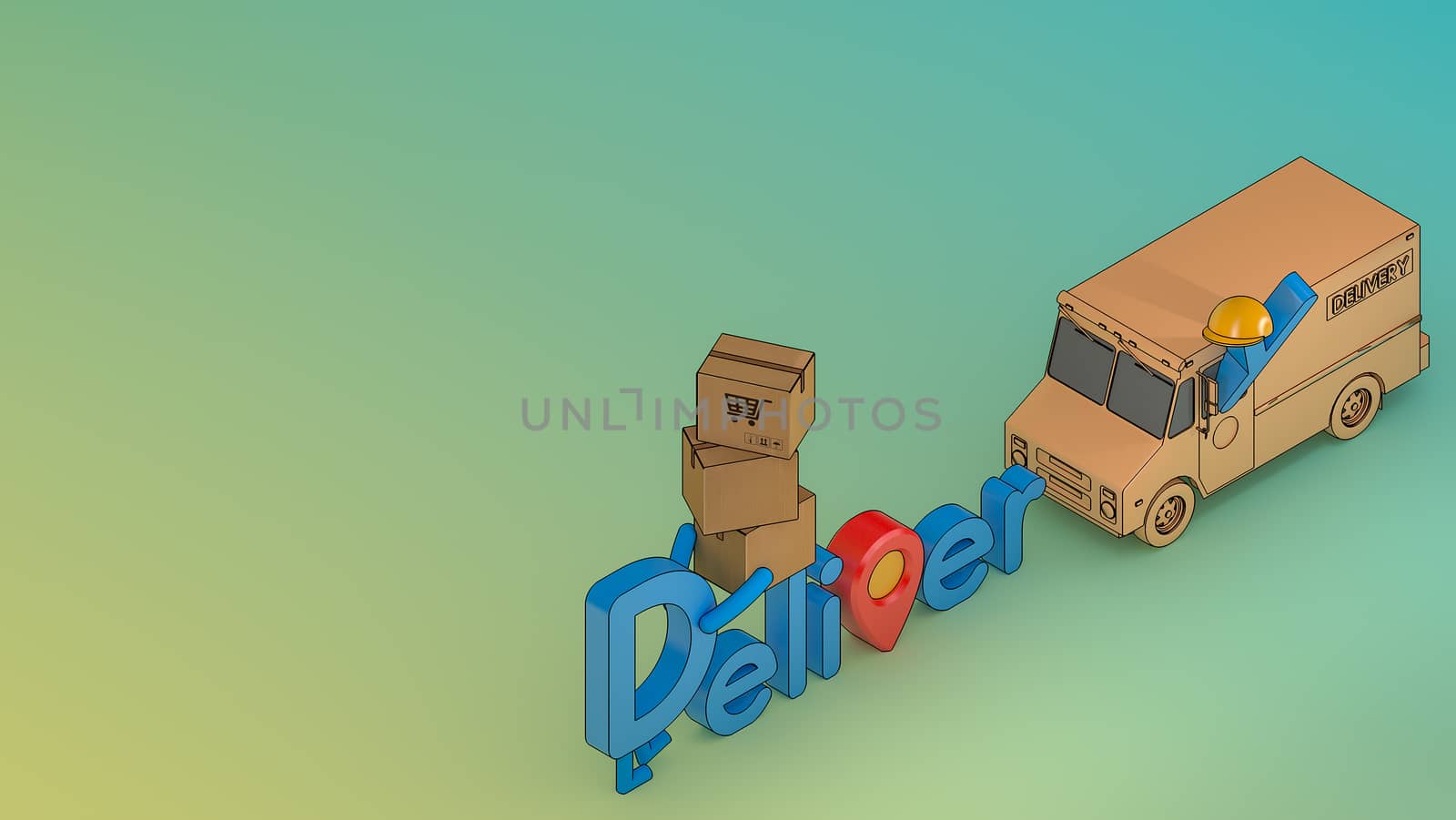 Character cartoon delivery font with truck van and many parcel box.,Online mobile application order transportation service, 3D rendering. by anotestocker