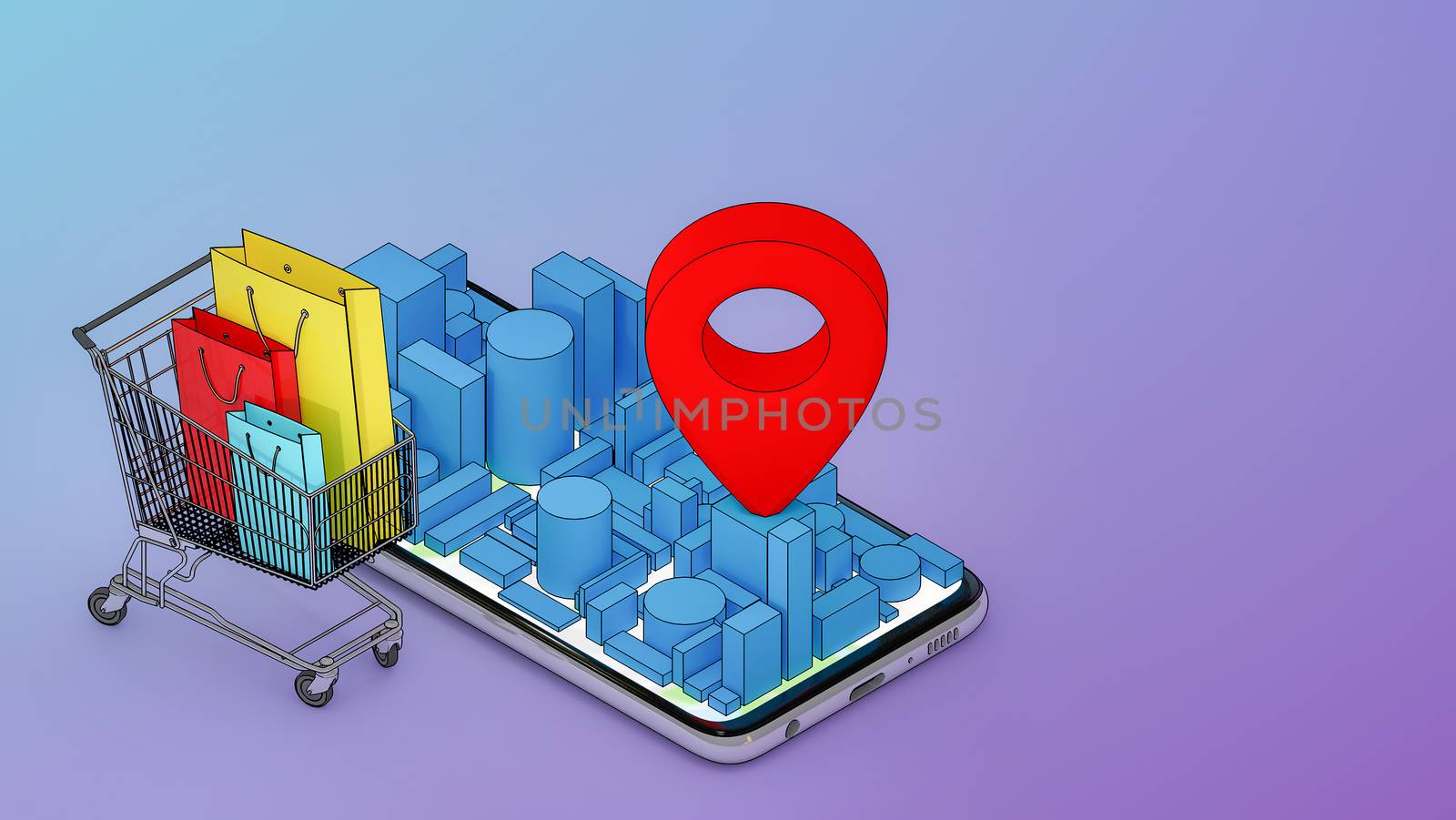 Many Paper bag and in a shopping cart with mobile digital city map with red pin pointers., shopping online and delivery concept.,3D rendering.