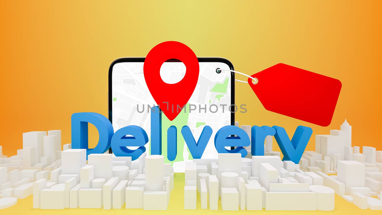 Model city map with red pin pointers and mobile phone.,delivery concept.,3D rendering.