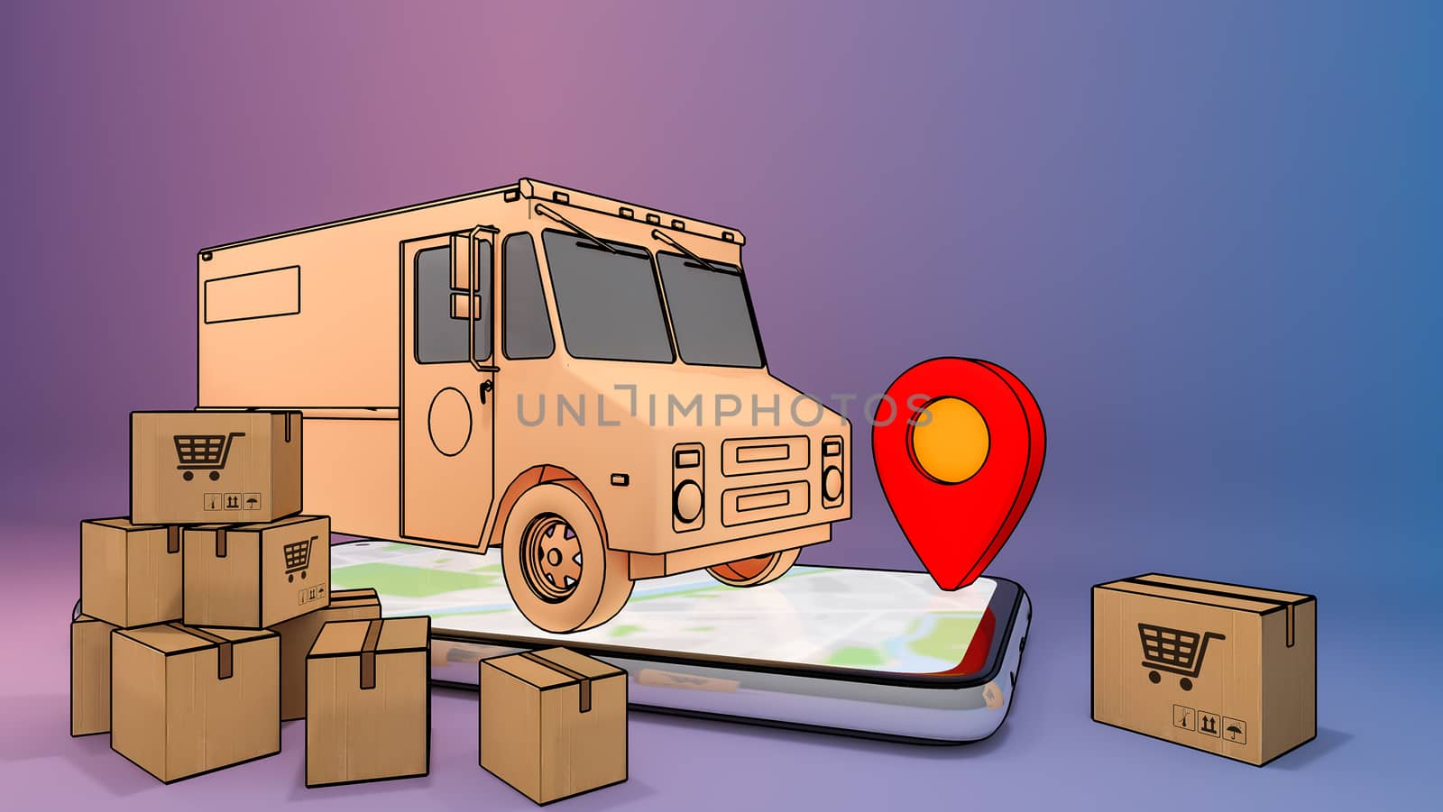 Mobile phone and truck van with many paper box and red pin pointers.,Online mobile application order transportation service and Shopping online and Delivery concept.,3D rendering. by anotestocker