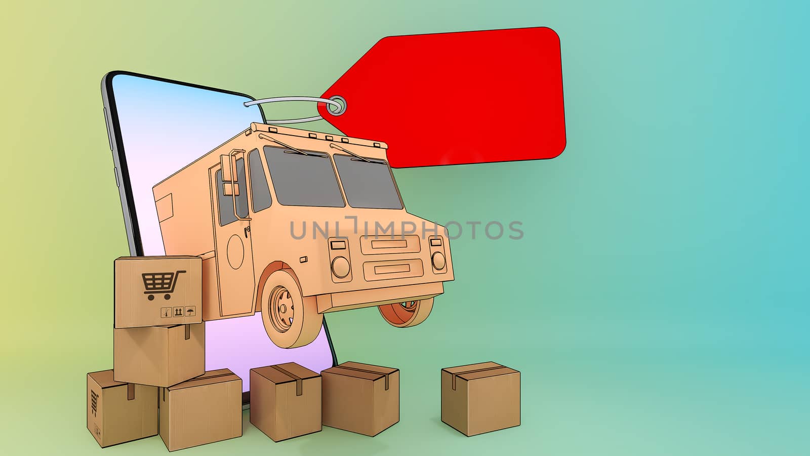 Truck van of ejected from a mobile phone with many parcel box.,Online mobile application order transportation service and Shopping online and Delivery concept.,3D rendering.