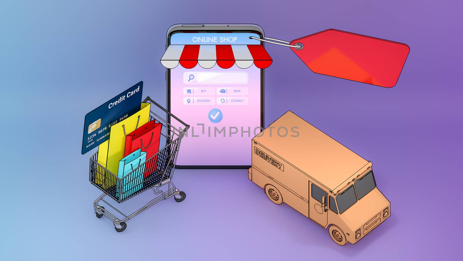 Colourful paper shopping bags and credit card in a cart with Truck van appeared from smartphones screen.,Online mobile application order transportation service and Shopping online and Delivery concept.,3D rendering. by anotestocker