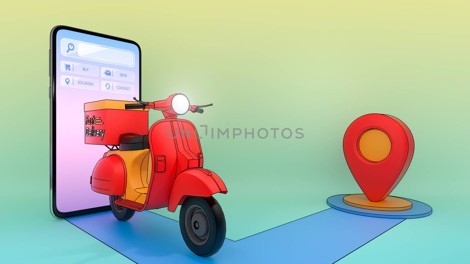 Scooter of ejected from a mobile phone.,Online mobile application order transportation service.,Concept of fast delivery service and Shopping online.,3d illustration with object clipping path.