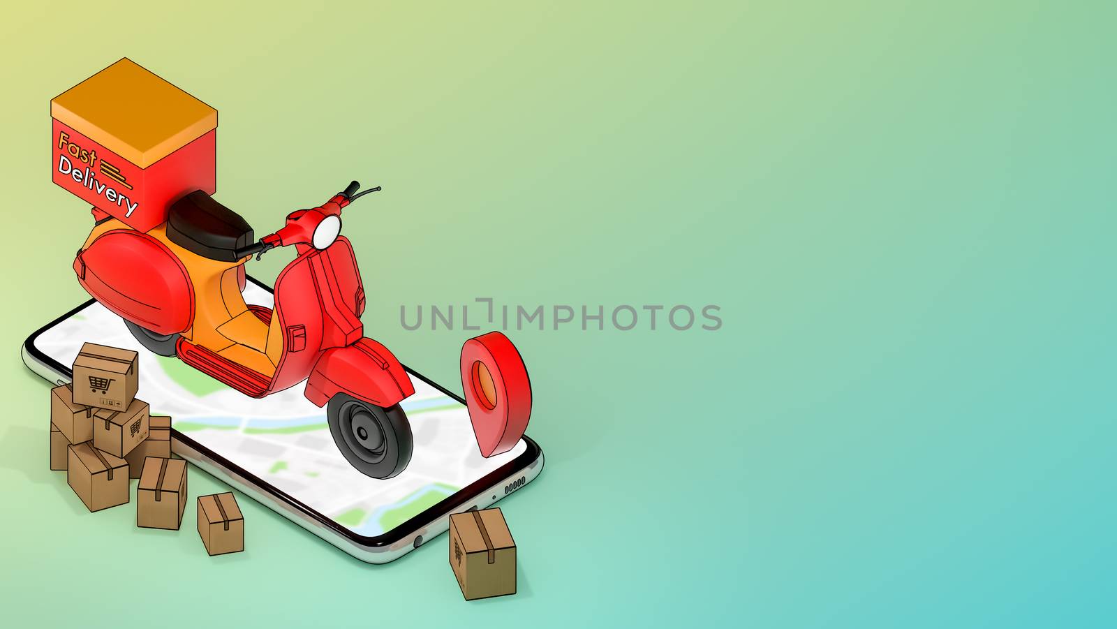 Mobile phone and Scooter with many paper box and red pin pointers.,Concept of fast delivery service and Shopping online.,3d illustration with object clipping path.