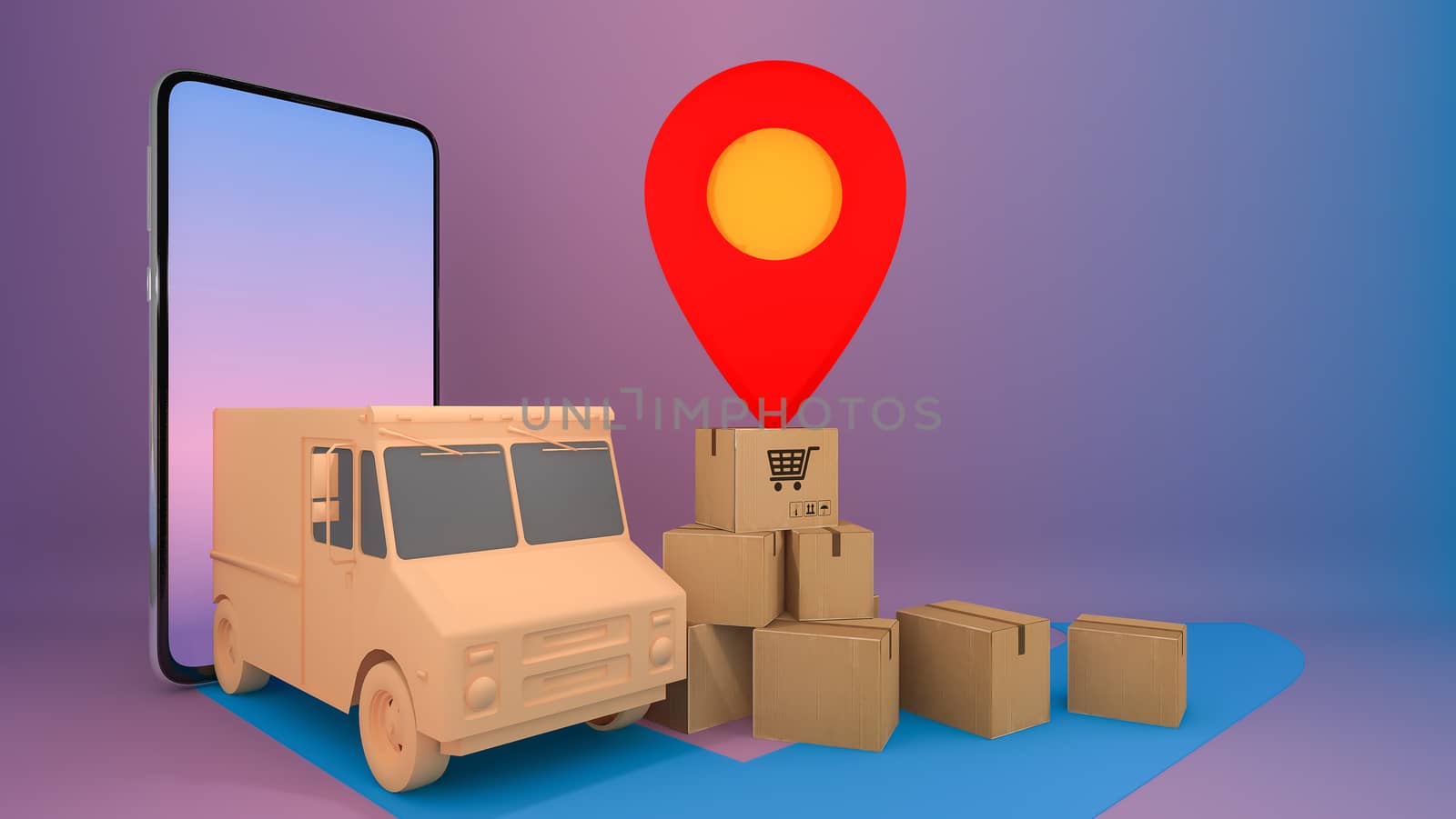 Online mobile application order transportation service.,Shopping online and Delivery concept.,3D rendering. by anotestocker