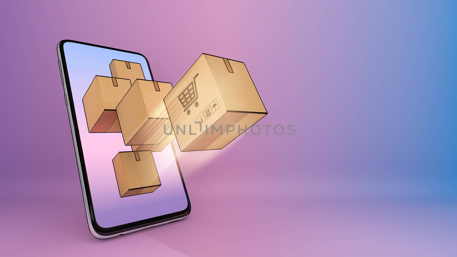 Parcel box of ejected from a mobile phone.,Online mobile application order transportation service and Shopping online and Delivery concept.,3D rendering.