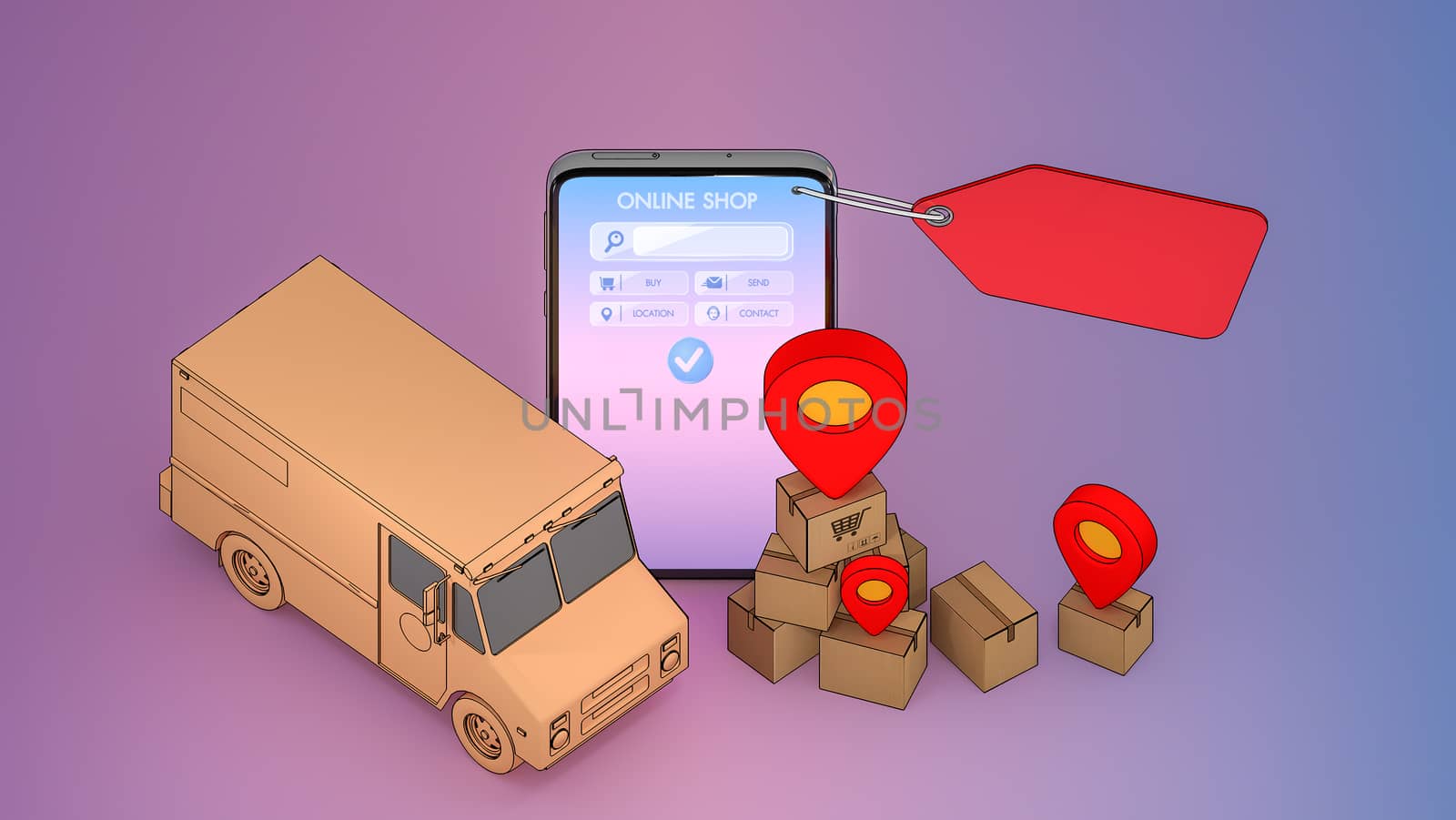 Mobile phone and truck van with many paper box and red pin pointers.,Online mobile application order transportation service and Shopping online and Delivery concept.,3D rendering.