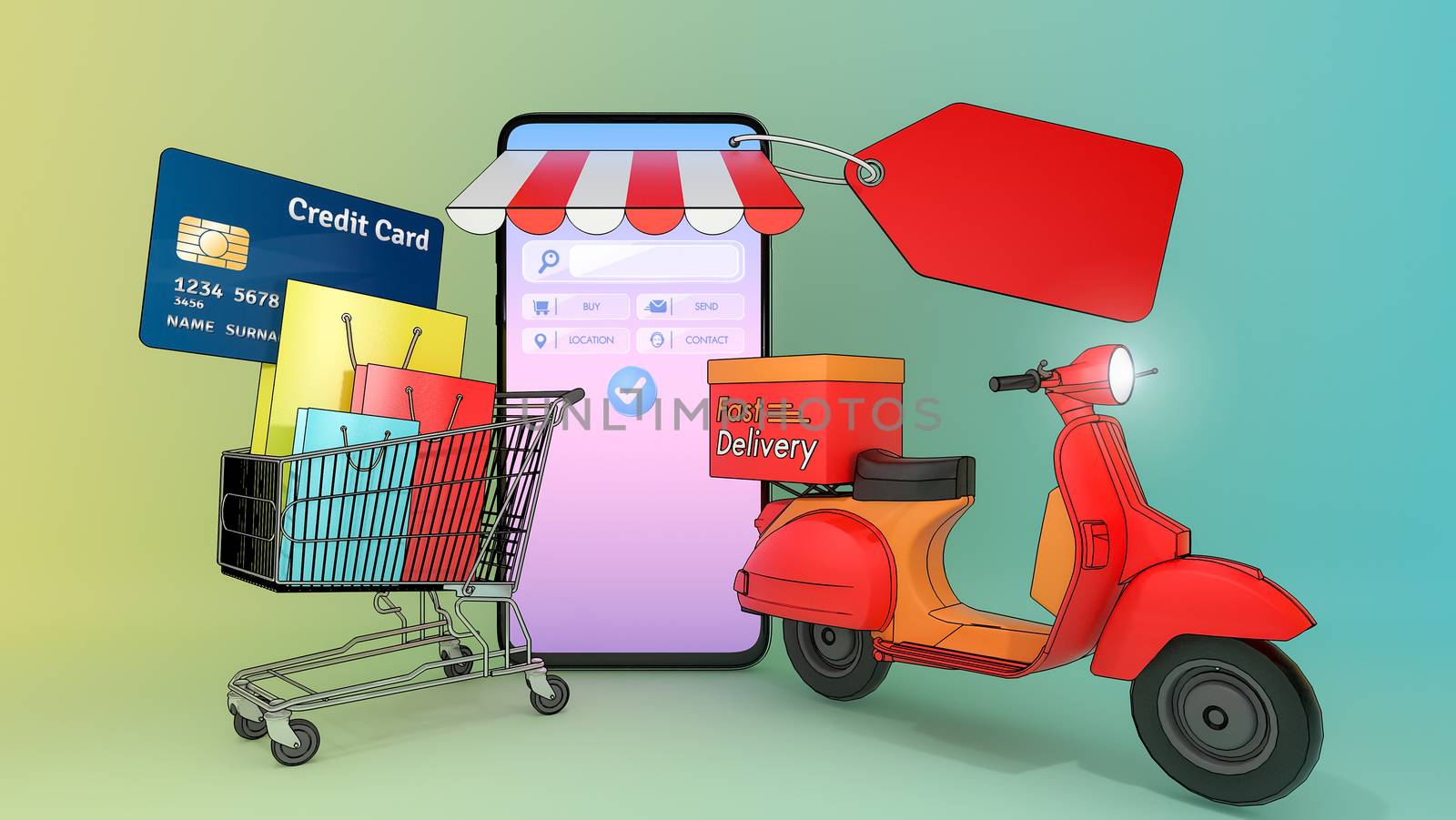 Many Shopping bag and price tag and credit card in a shopping cart with scooter appeared from smartphones screen.,Concept of fast delivery service and Shopping online.,3d illustration with object clipping path.