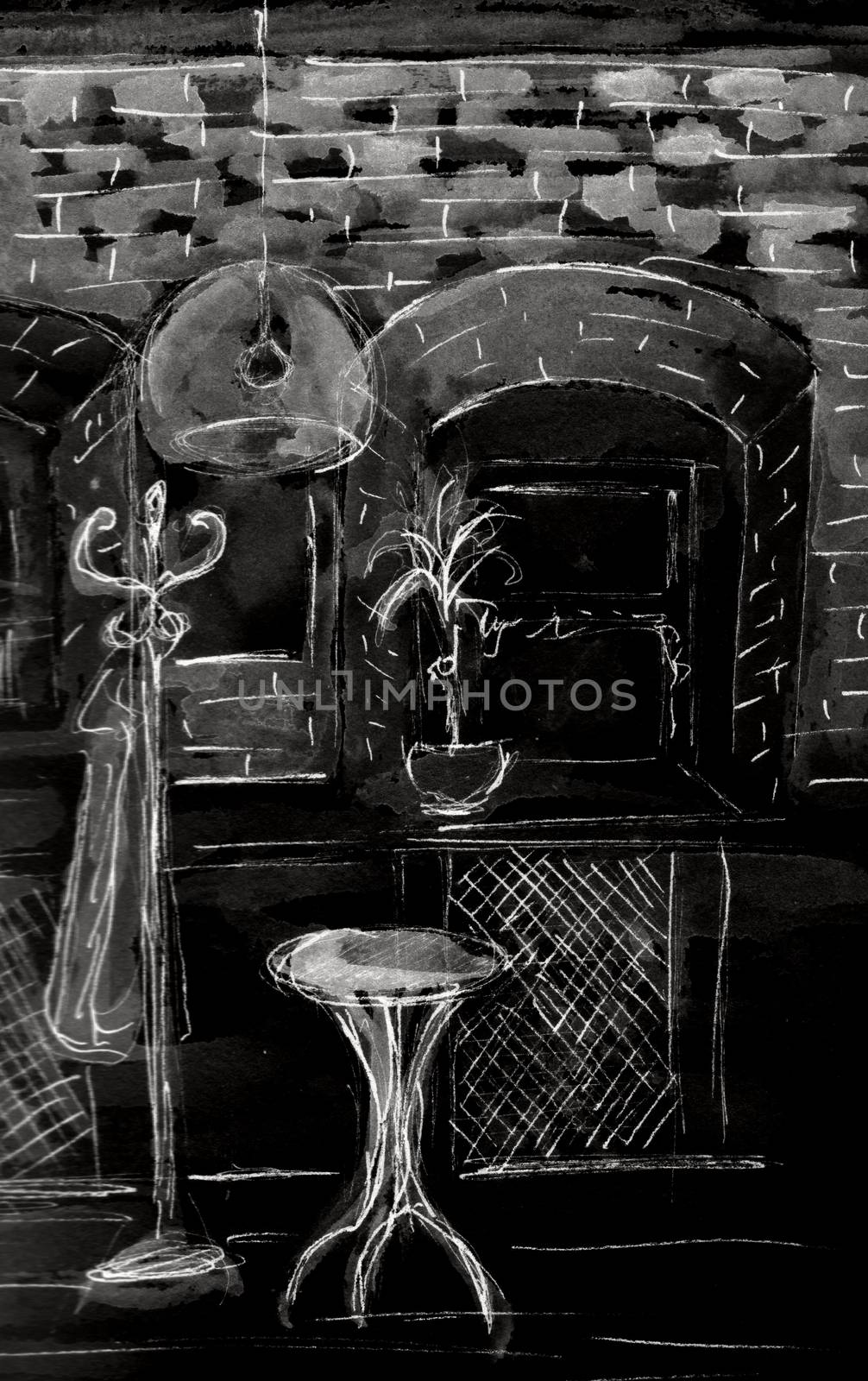 Sketch of Cafe interior. Hand drawn illustration. Black and white colors. Chalkboard imitation by sshisshka