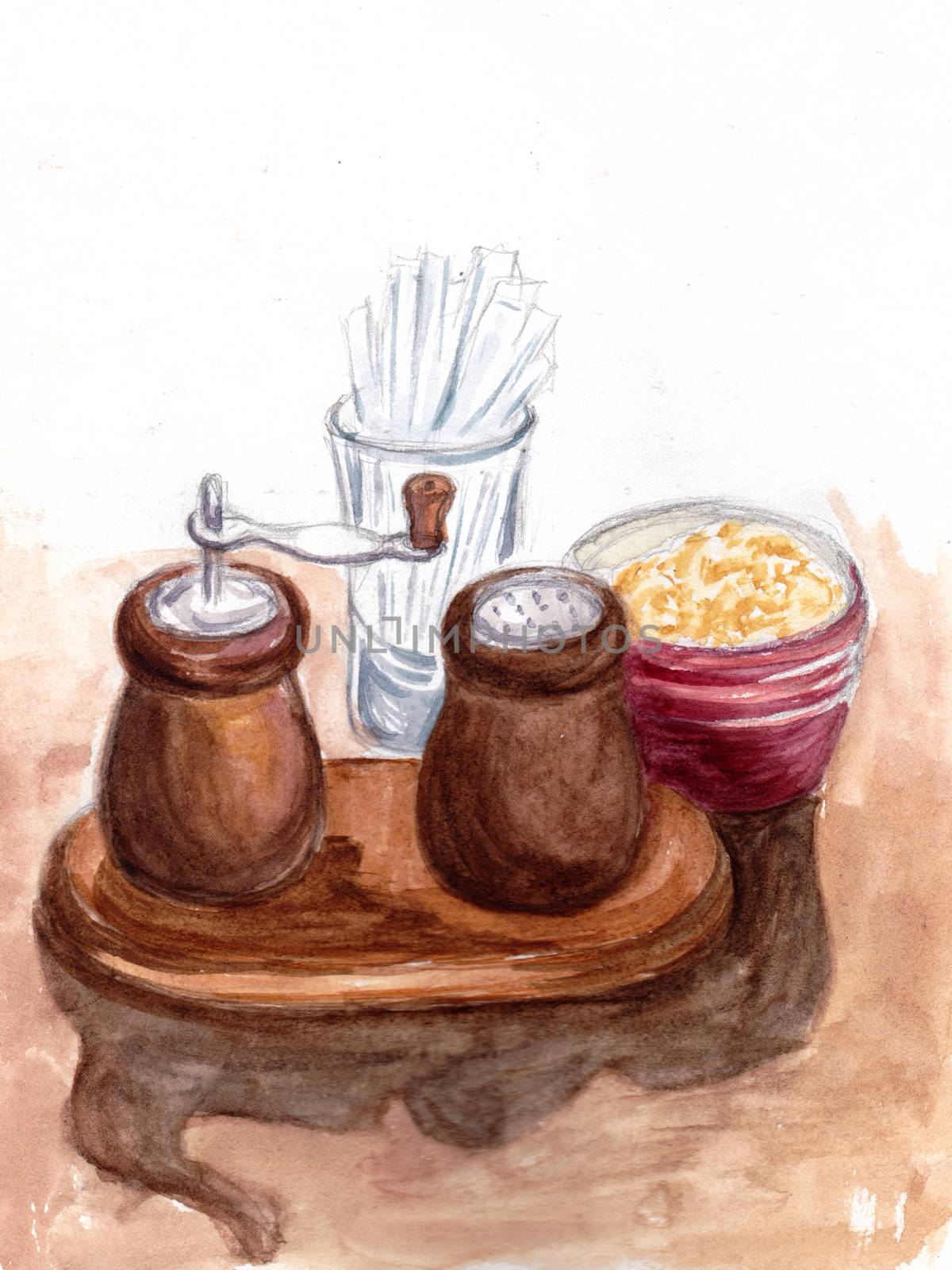 Salt and pepper shakers on table in cafe. Watercolor illustration. Hand-drawn sketch by sshisshka