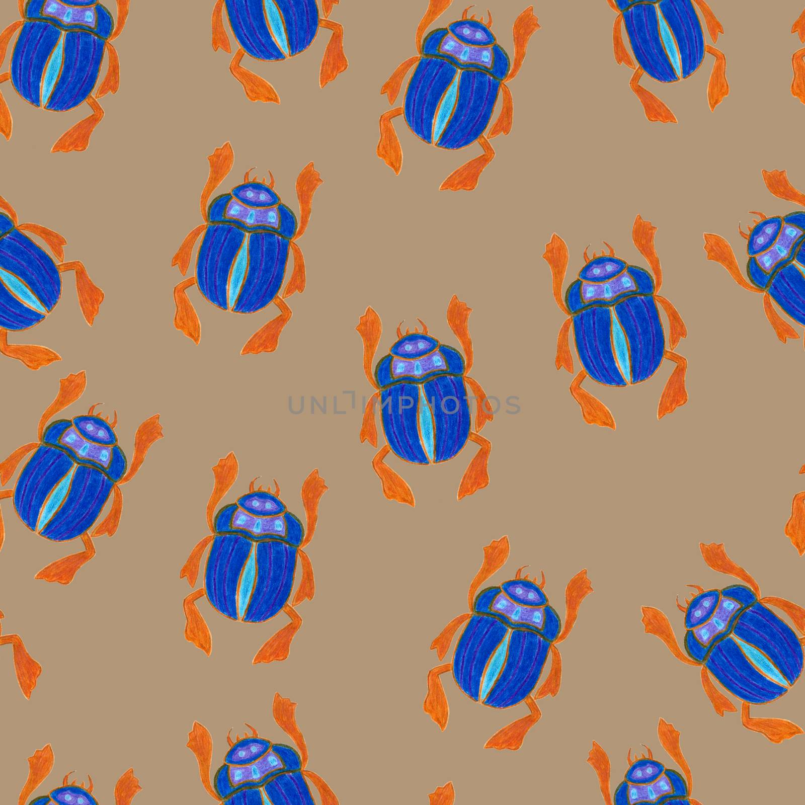 Blue scarab isolated on beige background. Seamless pattern with Bug insect, Beetles. Design for wrapping paper, cover, greeting card, wallpaper, fabric by sshisshka