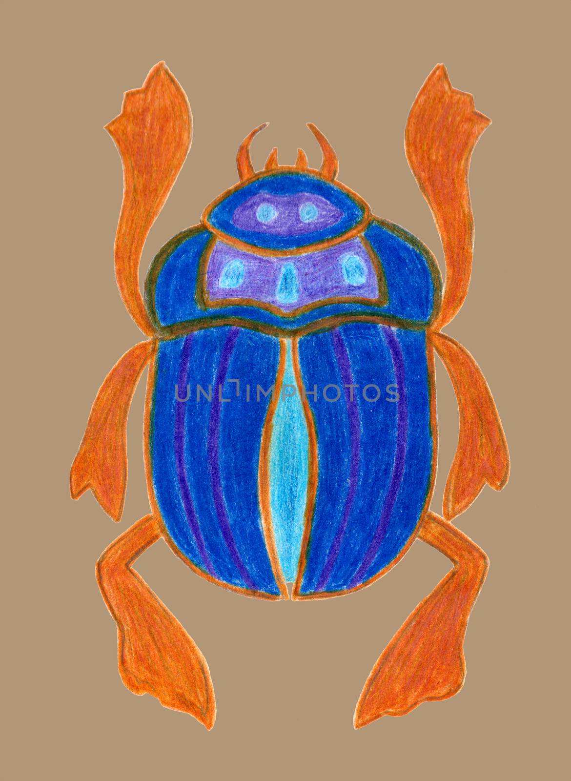 Blue scarab isolated on beige background. Ancient sacred insect. Egyptian culture. Bug Symbol of the sun. Beetle logotype. Hand drawn illustration. Colored pencils technique by sshisshka