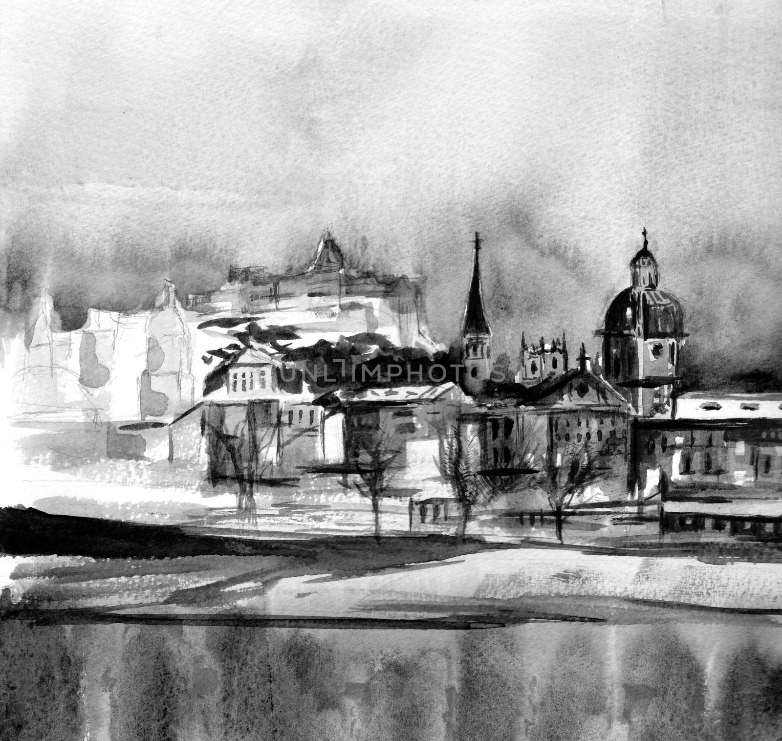 Scenic panorama of the Old Town (Gamla Stan) in Stockholm, Sweden. Hand-drawn illustration. Watercolor art. Grey, black and white colors. Monochrome old card.