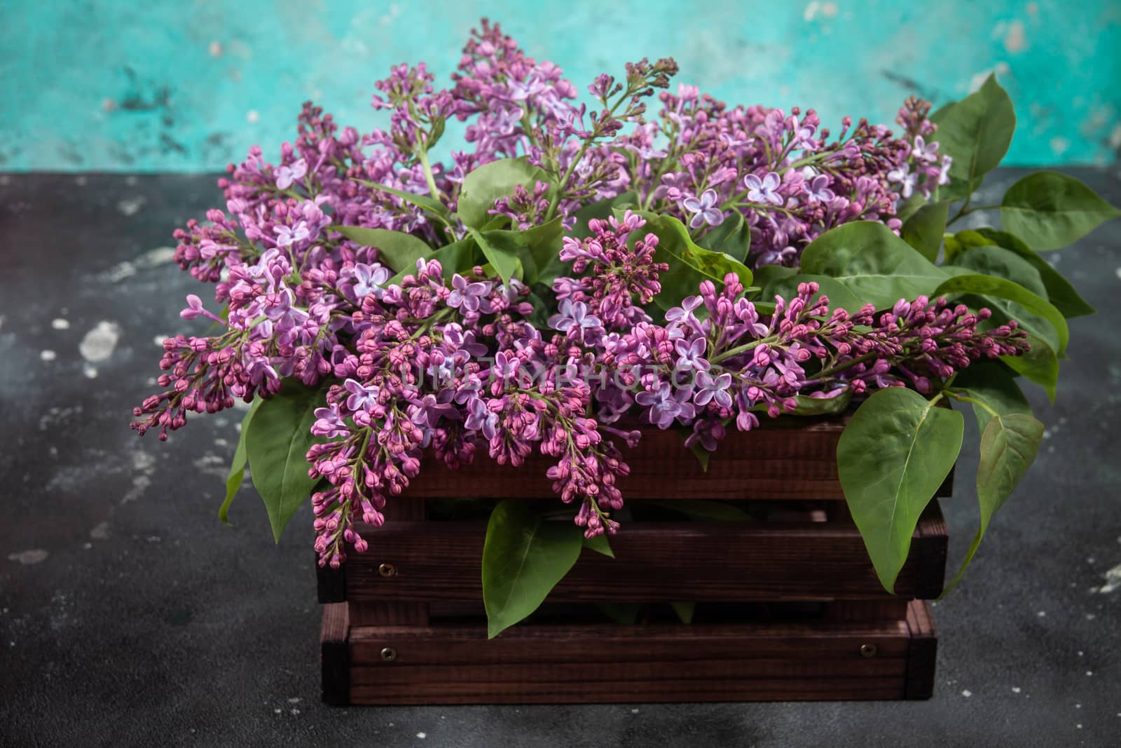 Purple lilac flowers bouquet on wooden box on black concrete background. Stylish floral greeting card. Happy mothers day.