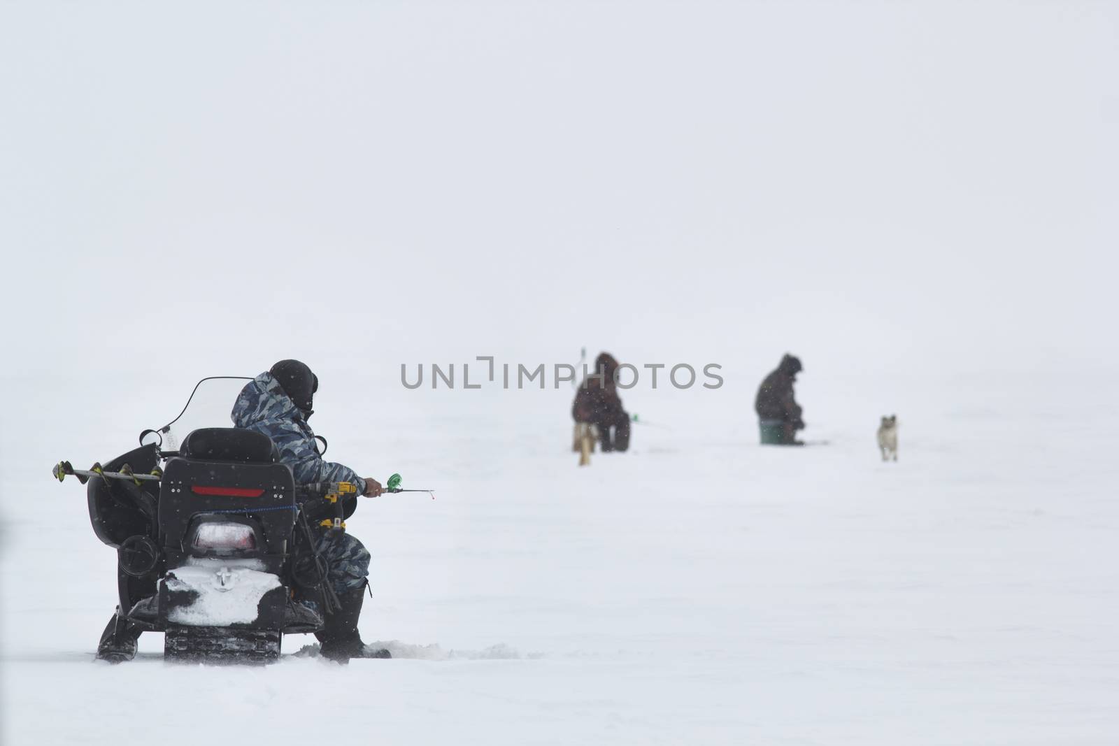 Ice fishermans - men on ice fishing caught fish at lake by Studia72
