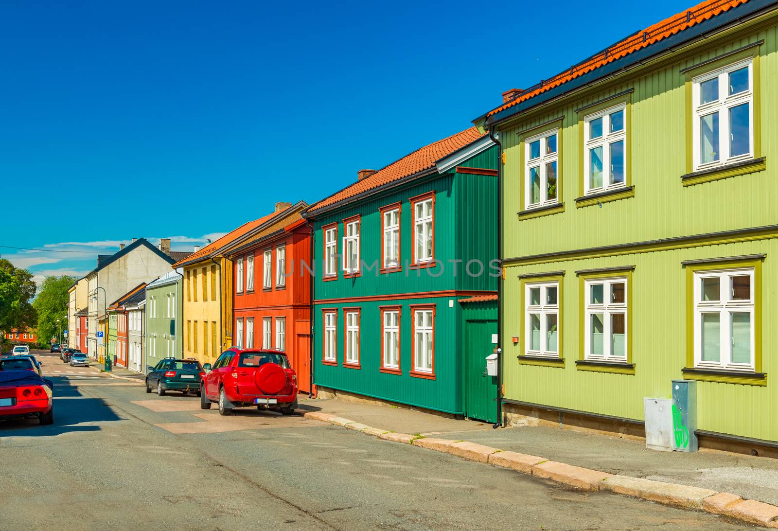 Colorful wooden houses on a street of Oslo, Norway