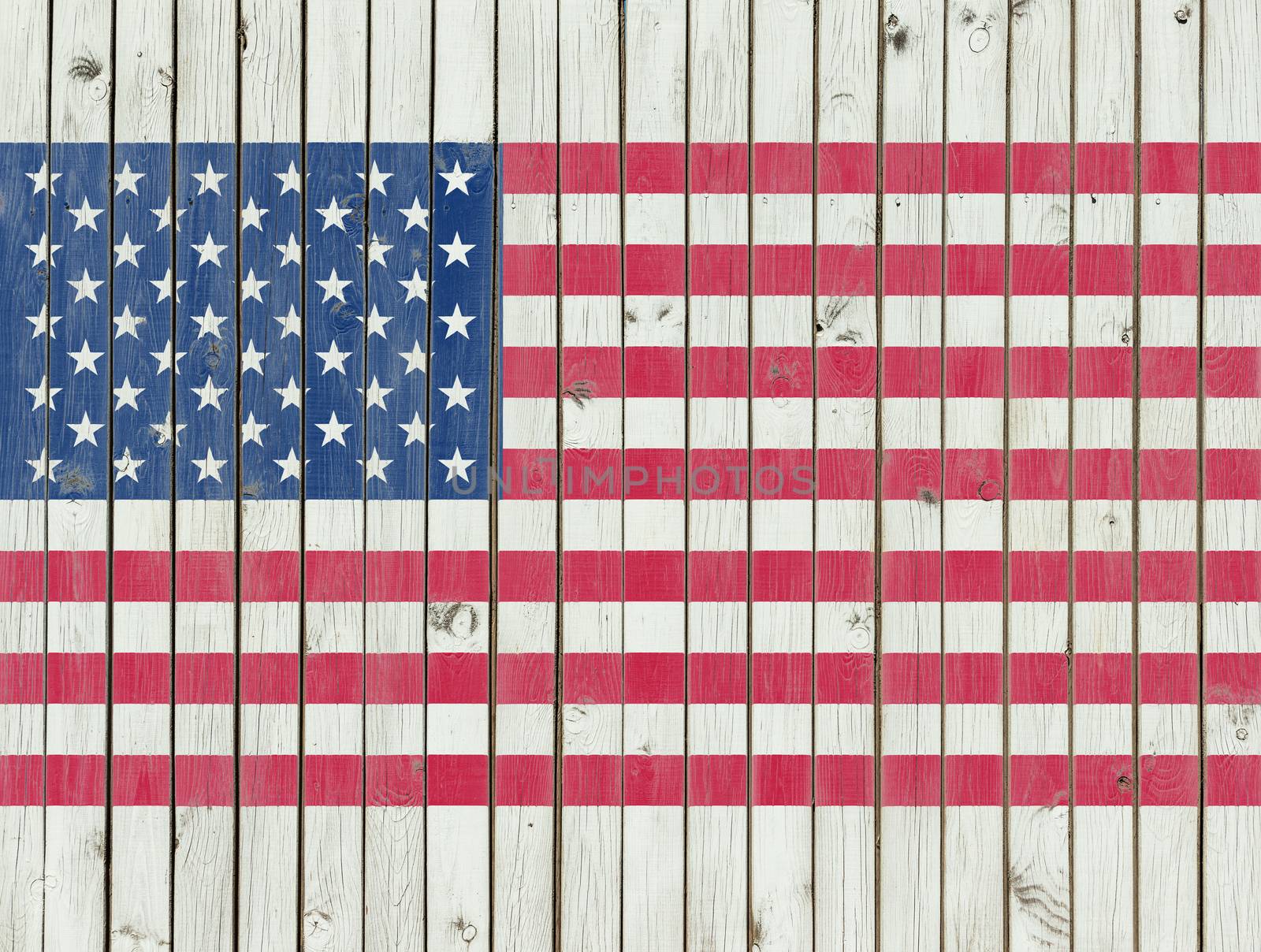 American Flag painted on the wooden fence background, USA flag overprint, relief texture