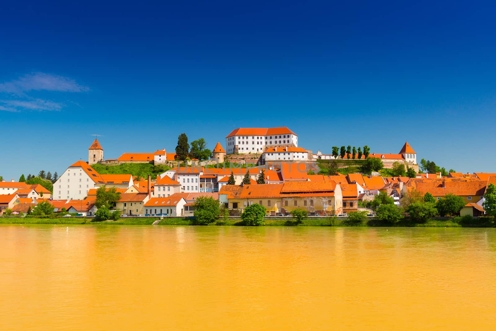 Cityscape of the old european town Ptuj, Slovenia. Panoramic view of the small cozy town. Traditional architecture with orange tile roof. Bank of the Drava River