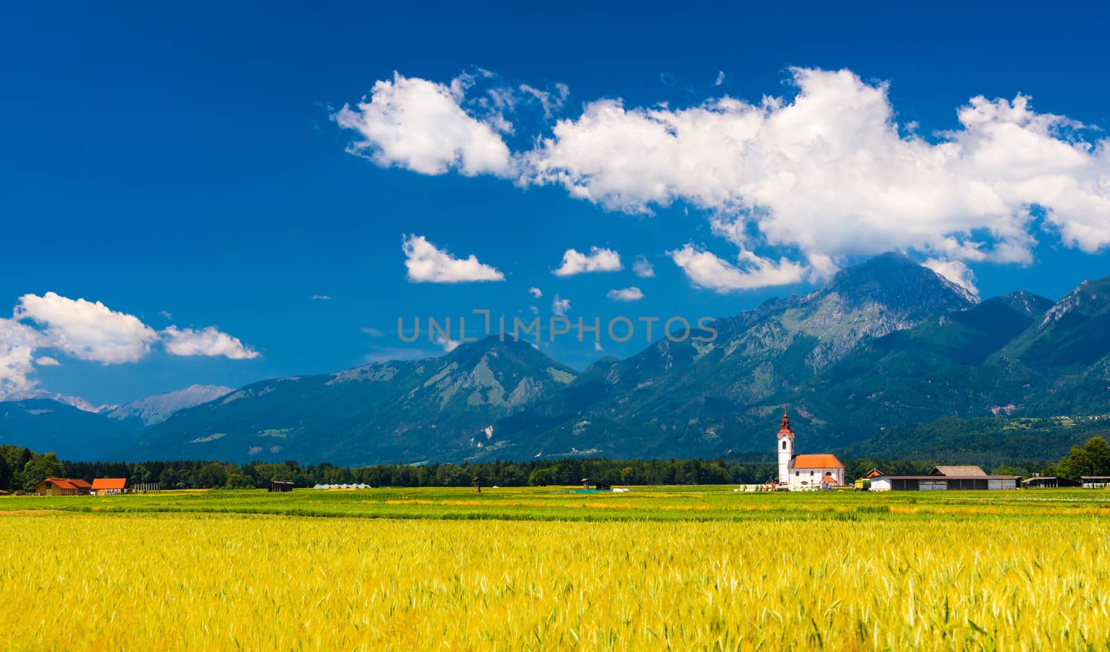 Wide angle panorama of the picturesque landscape in Slovenia.