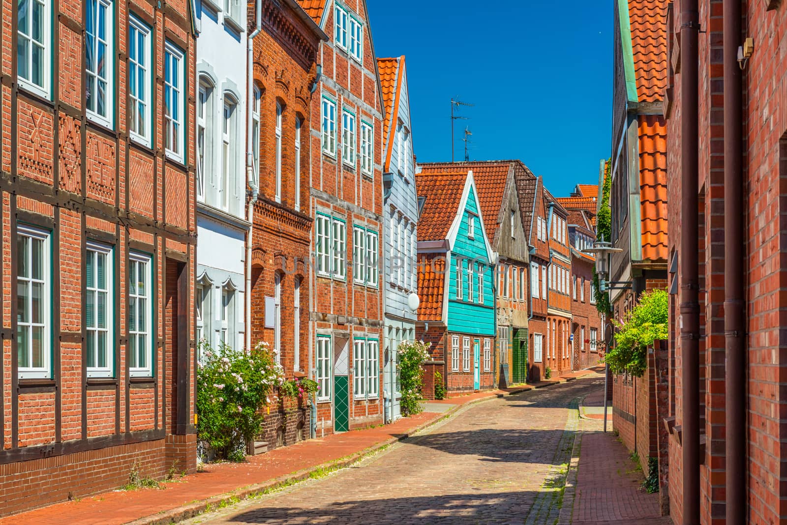 View of a typical German street with brick and half-timbered houses