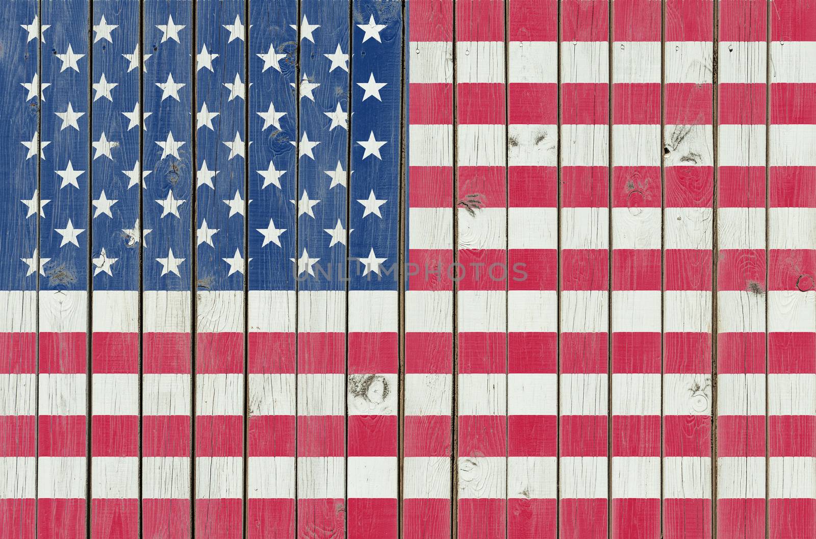 USA Flag painted on the wooden fence, American background, texture of the scratched weathered wood, cracked paint