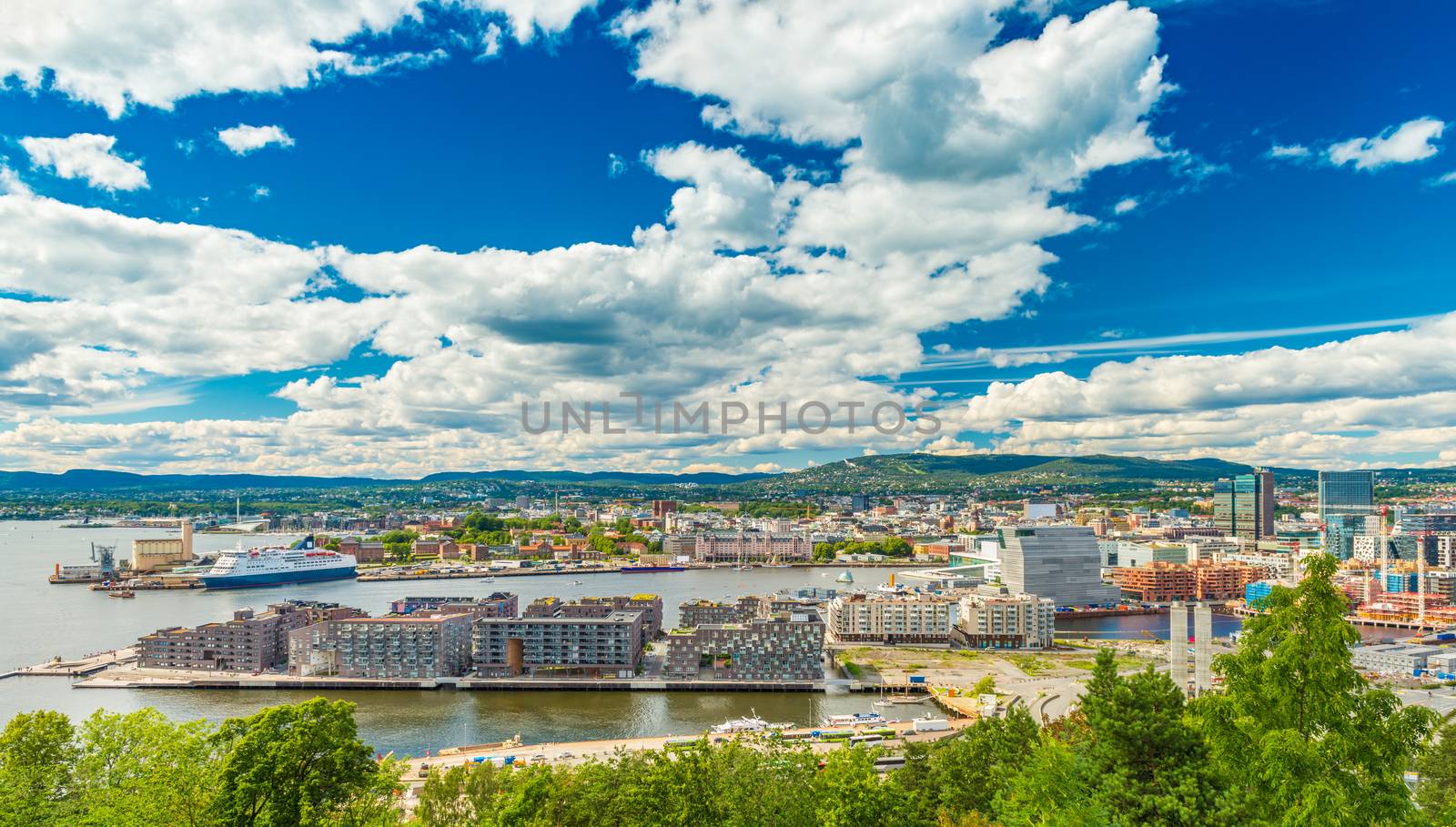 Panorama of Oslo, Norway. Beautiful cityscape of a Scandinavian city on sunny summer day