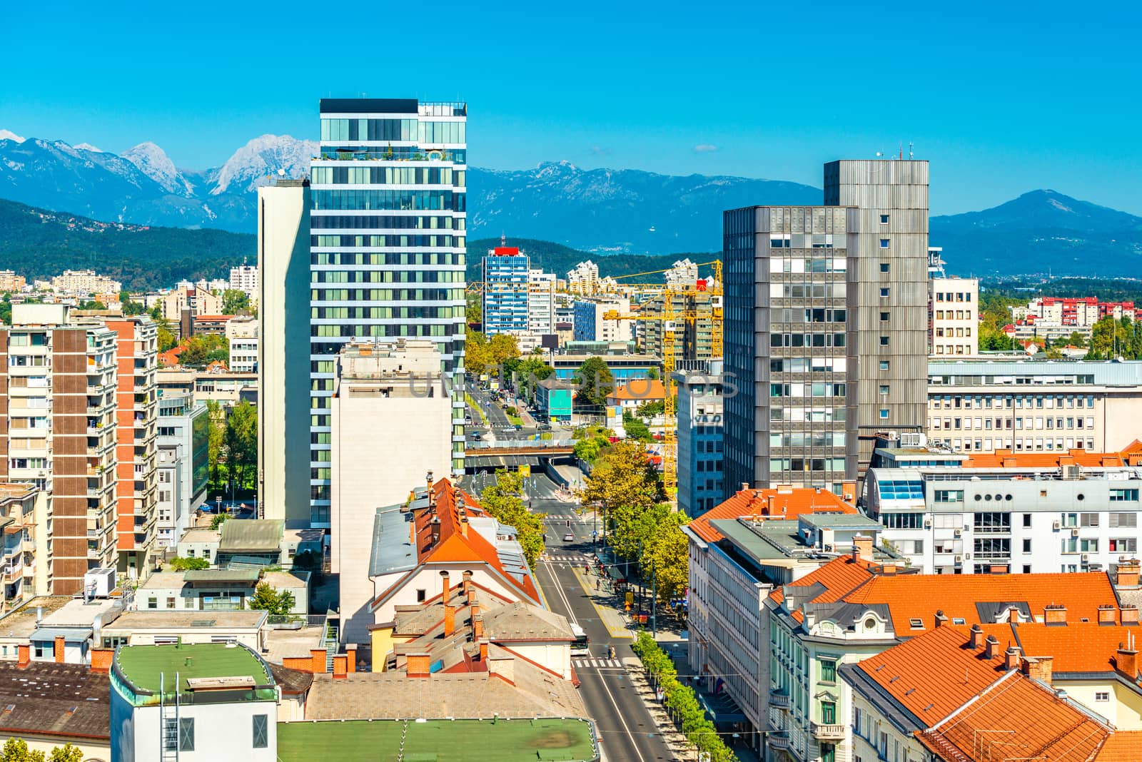 View of downtown Ljubljana, Slovenia. Cityscape with modern and historical buildings in the central part of the city