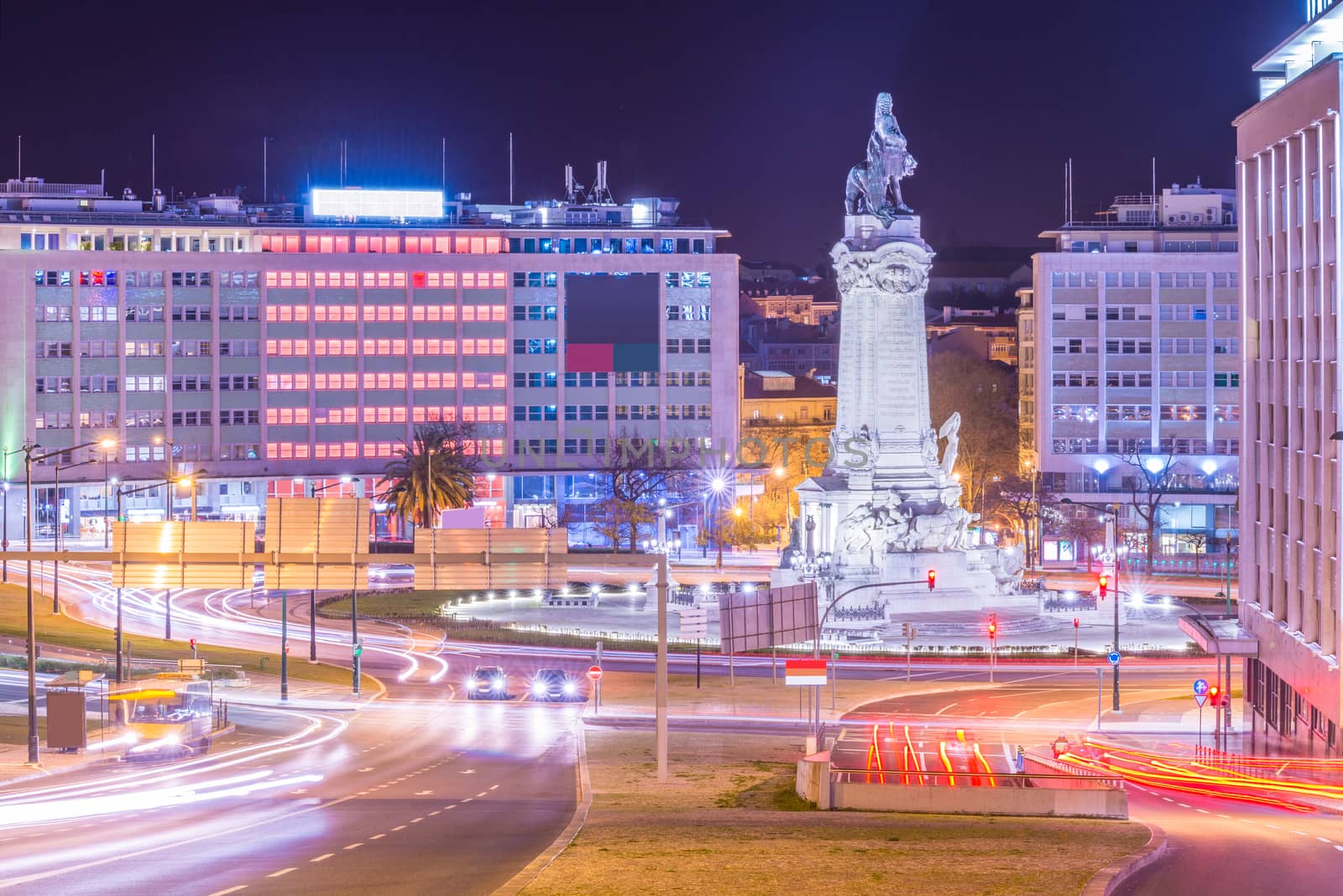Night view of the Marquis of Pombal Square in Lisbon, Portugal