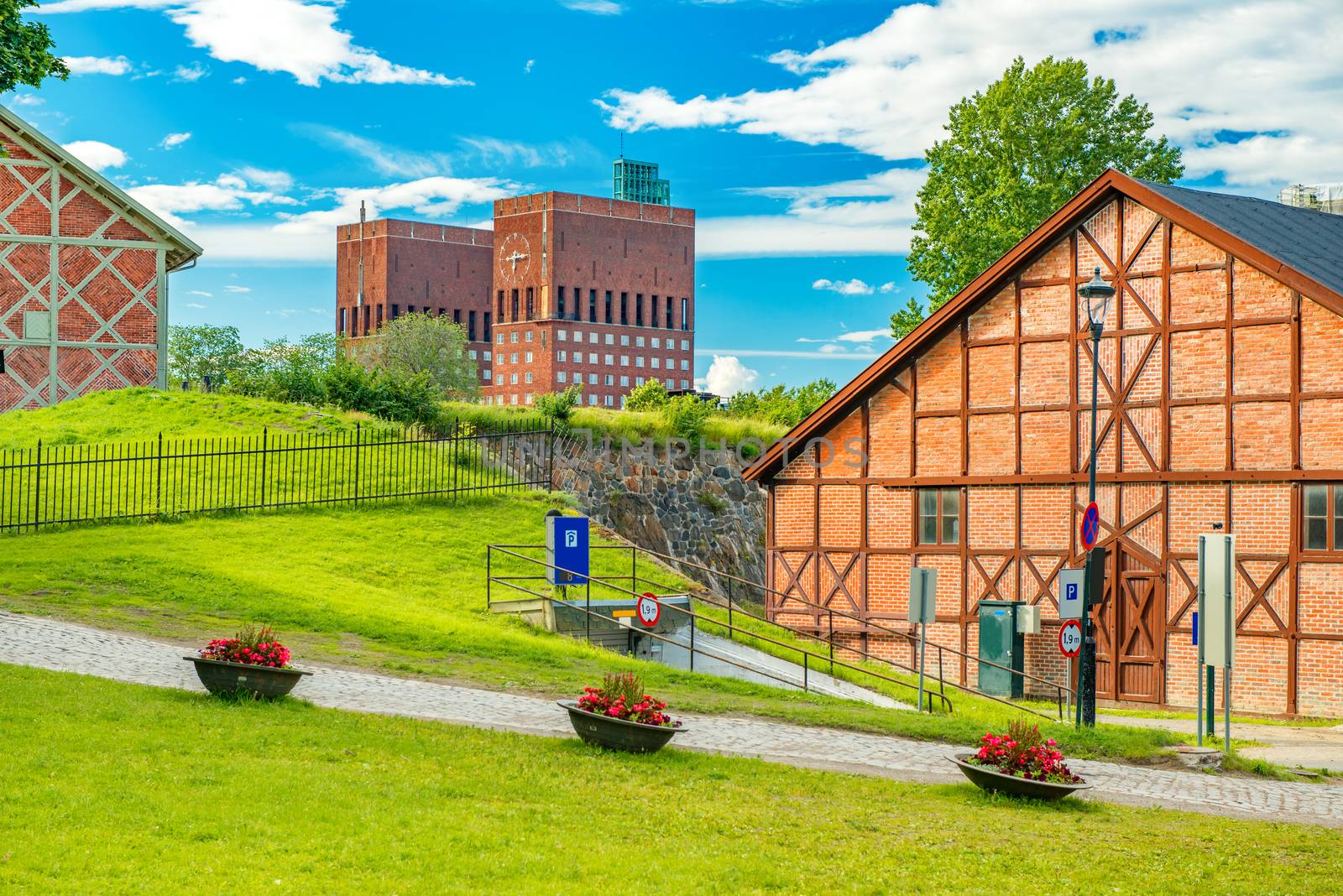 Old half-timbered buildings near the Akershus Fortress in the historical center of Oslo, Norway