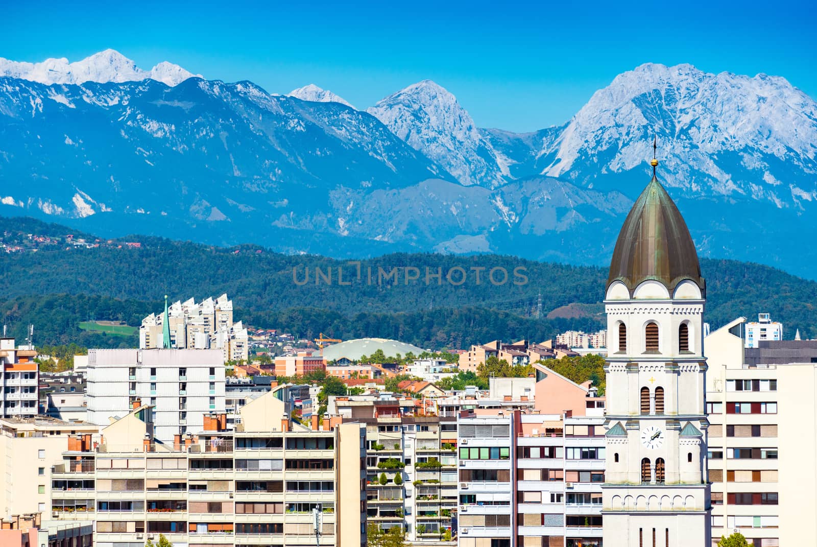 Scenic view of Ljubljana with snowy Alps in the background, Slovenia