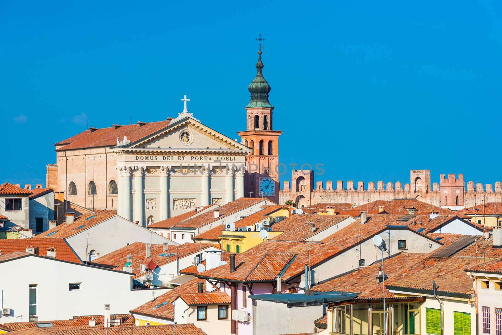 Cityscape of the medieval walled city of Cittadella, view of historical city center and Duomo di Cittadella (the main Roman Catholic church), military outpost of Padua (Padova), Northern Italy