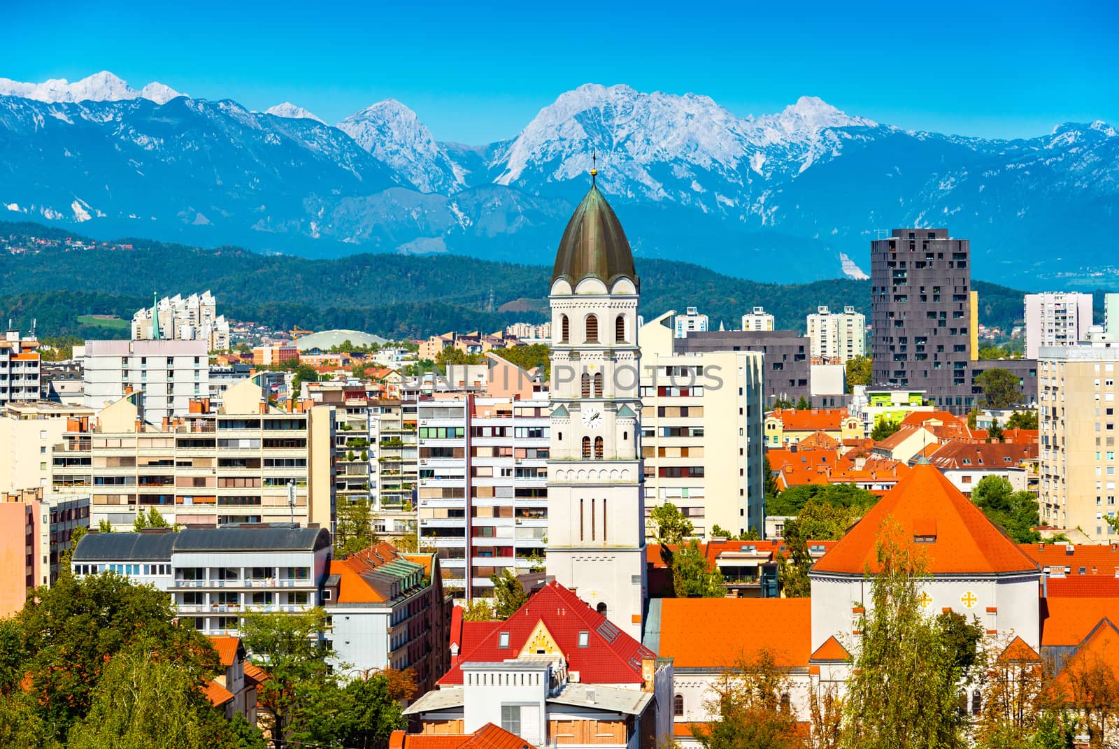 Picturesque panorama of Ljubljana with mountains in the background, Slovenia
