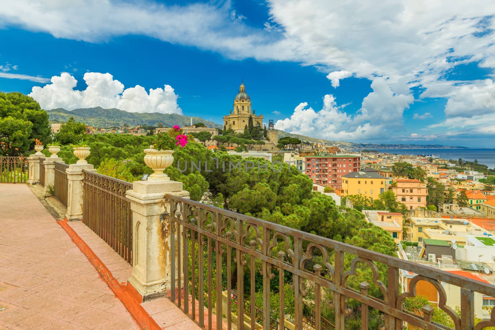 Picturesque cityscape of Messina. View from the balcony of Santuario Parrocchia S.Maria Di Montalto at The Cathedral of Messina. Sicily, Italy