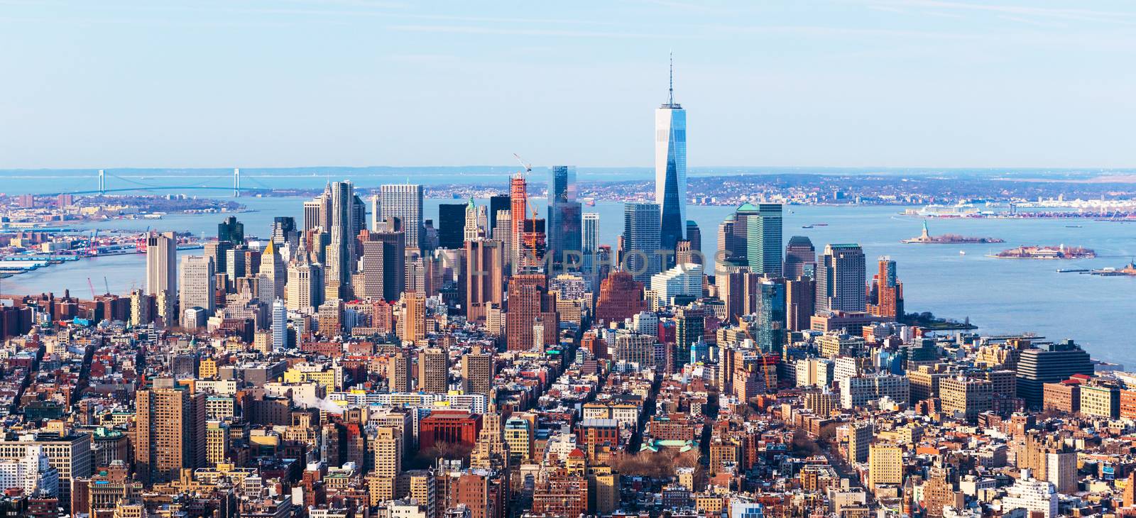 New-York city skyline. Aerial panorama of downtown viewed from midtown. Skyscrapers and office buildings in financial district of New York, USA