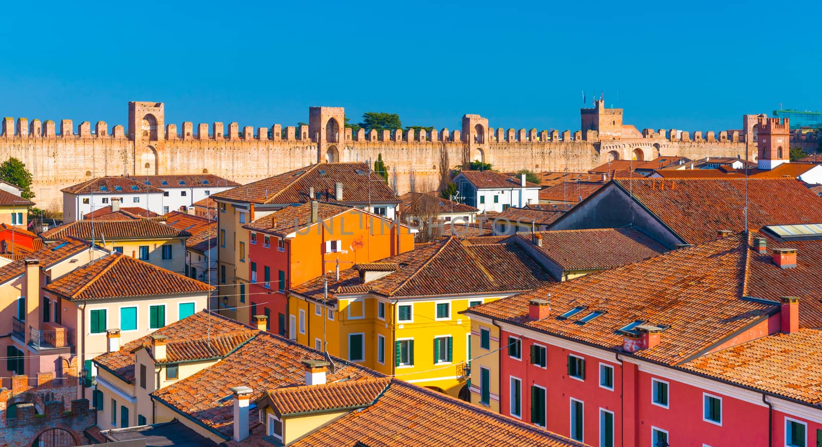 Panorama of the walled city. Colored houses in Cittadella. Fortress-town in Italy. Province of Padua (Padova)