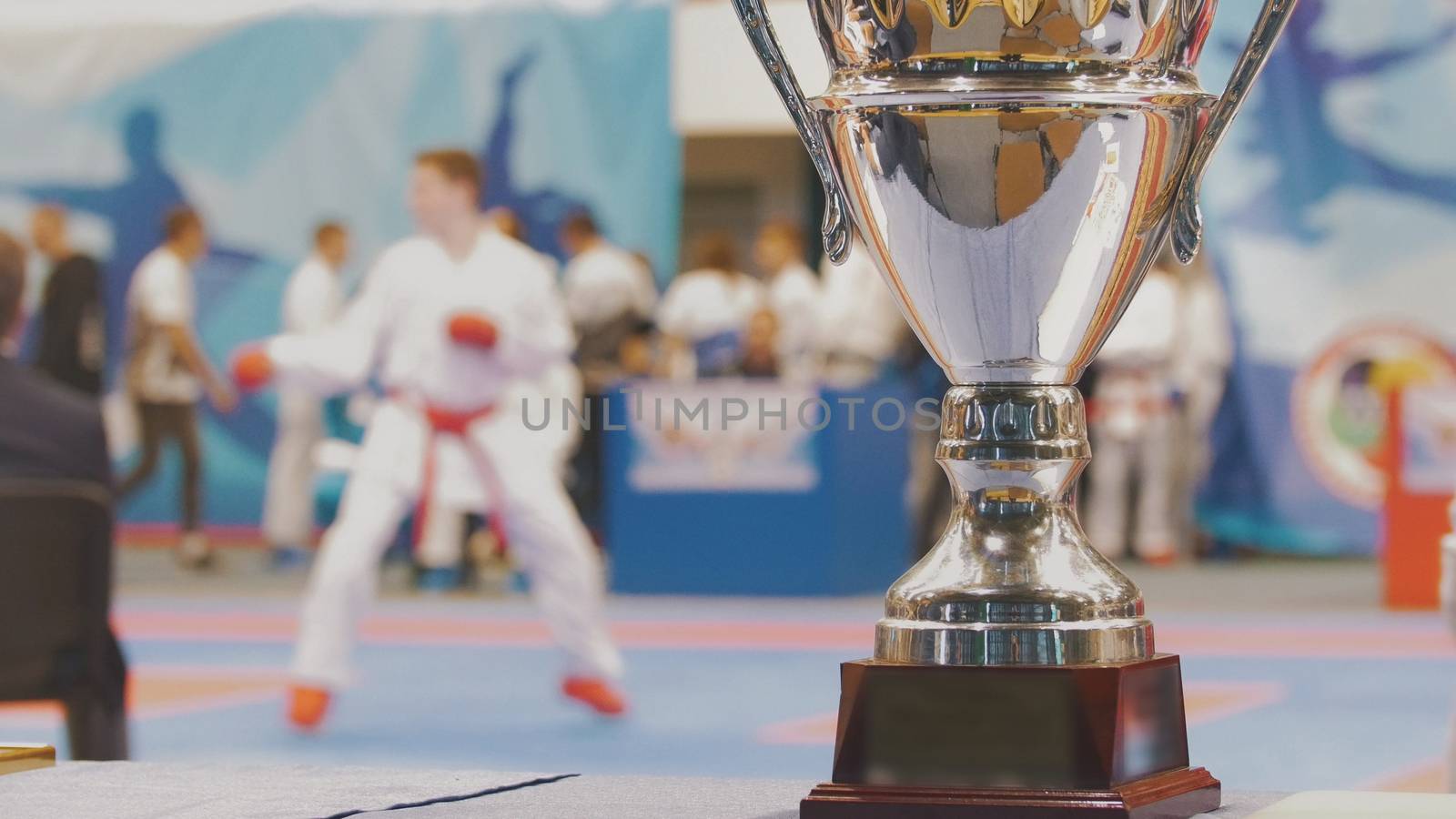 Win cup in front of fighting karate at the tournament, sow-motion by Studia72