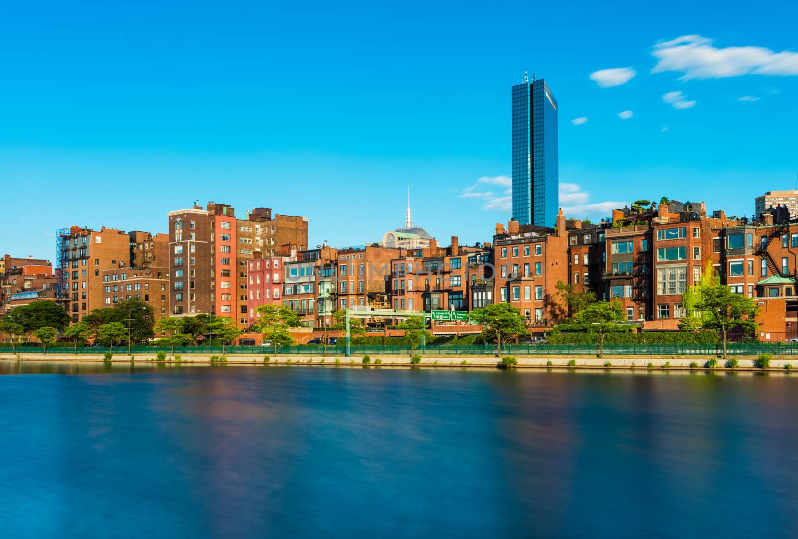 Boston skyline with historic buildings in Back Bay district, view from the Charles River