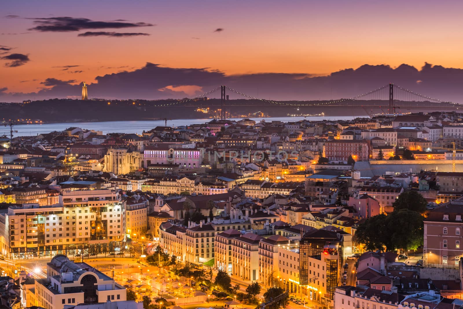 Evening panorama of Lisbon, Portugal. Picturesque sunset over the Portuguese Capital